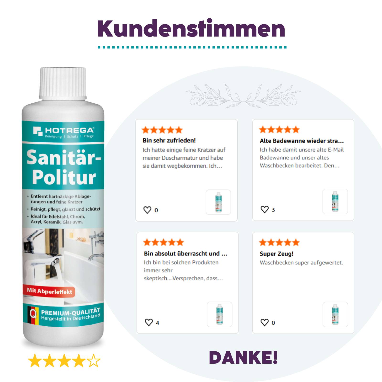 Werbegrafik für Hotrega Sanitär-Politur mit der Flasche auf der linken Seite und vier fünf-Sterne-Kundenbewertungskarten auf der rechten Seite, mit den Texten 
