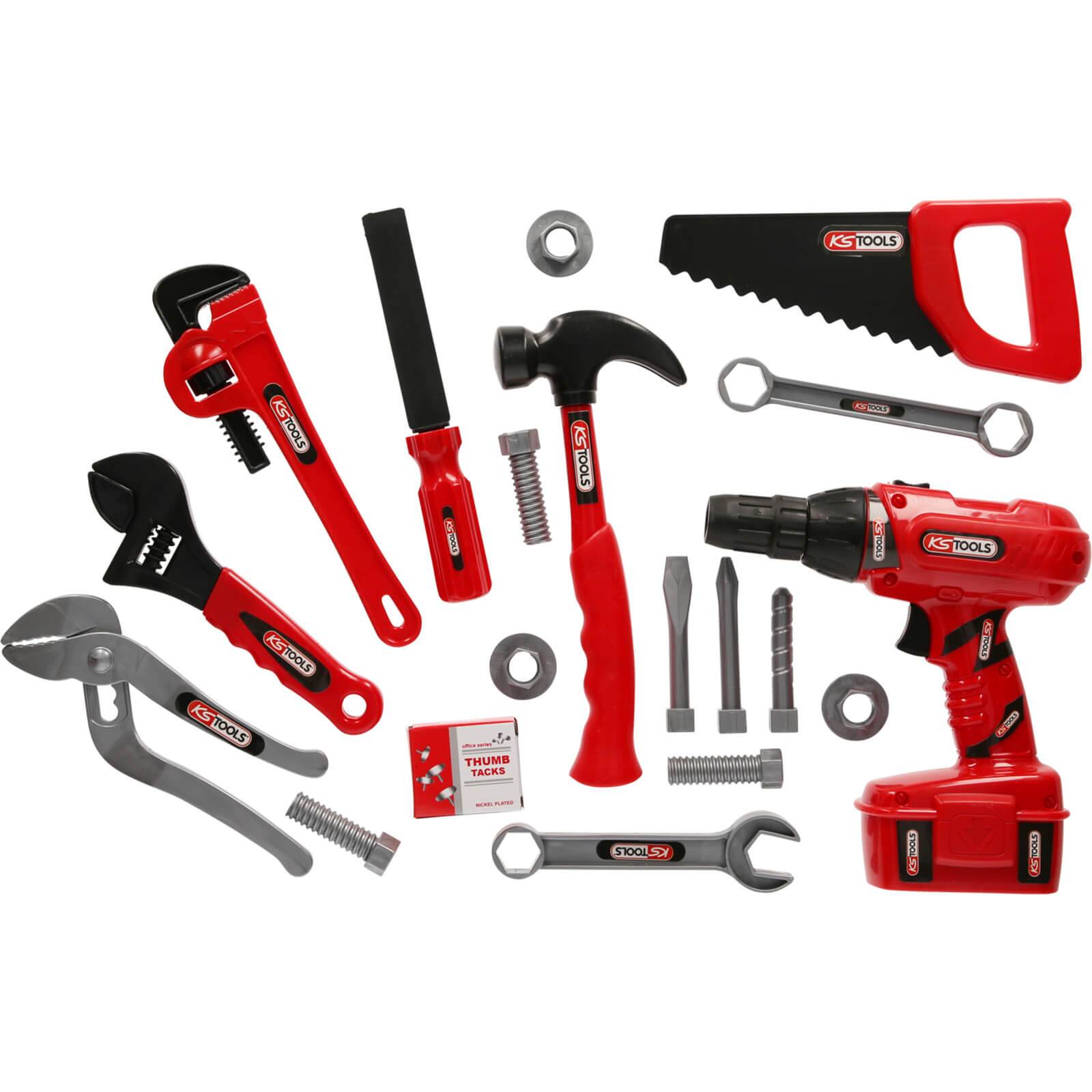 KS-Tools Werkzeug-Box für Kinder 100073 - Hammer, Bohrer, Spielzeug - 19-teilig