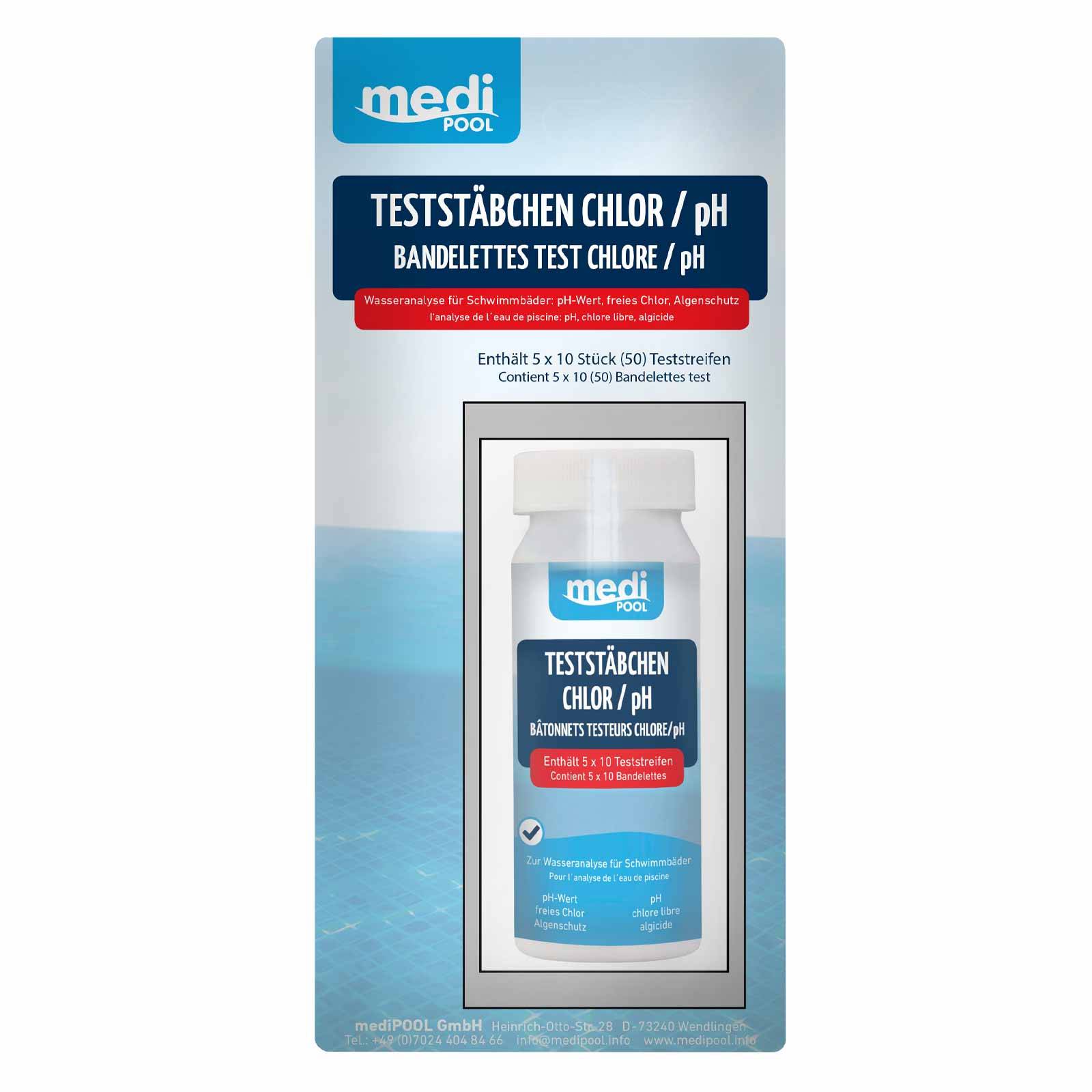 mediPOOL Teststäbchen Chlor/pH/Algenschutz 50 Teststreifen