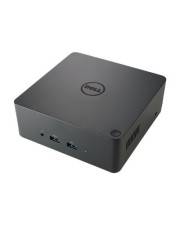Ein kleiner schwarzer Dell-Mini-Desktop-Computer in Perspektive auf weißem Hintergrund gezeigt.