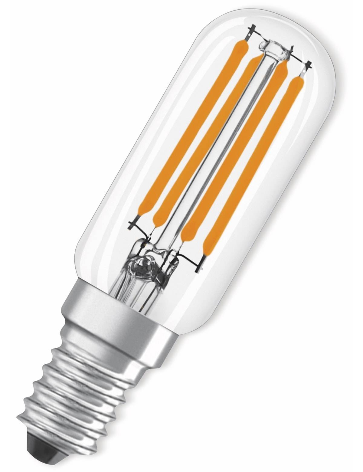 Eine klare LED-Glühfadenlampe mit silberner Schraubfassung auf weißem Hintergrund.