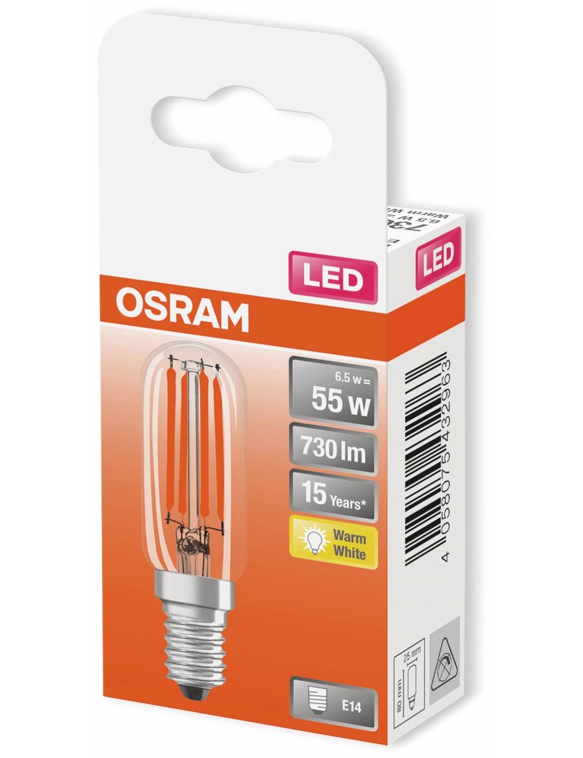OSRAM LED-Glühbirne, Verpackung mit folgenden Angaben: 55W-Entsprechung, 730 Lumen, Warmweiß, E14-Sockel, mit einer Lebensdauerangabe von 15 Jahren.
