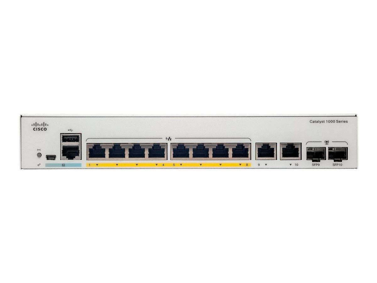 Vorderansicht eines Cisco Catalyst 1000 Series Netzwerk-Switches mit mehreren Ethernet-Anschlüssen und zwei gestapelten Uplink-Anschlüssen.