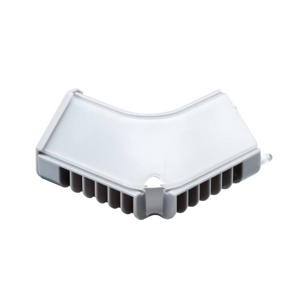 Ein weißes, V-förmiges Kunststoff-Eckstück mit gerillten Kanten, das zum Verbinden oder Abdecken von Fugen in einer strukturellen Montage oder Möbelkonstruktion vorgesehen ist.