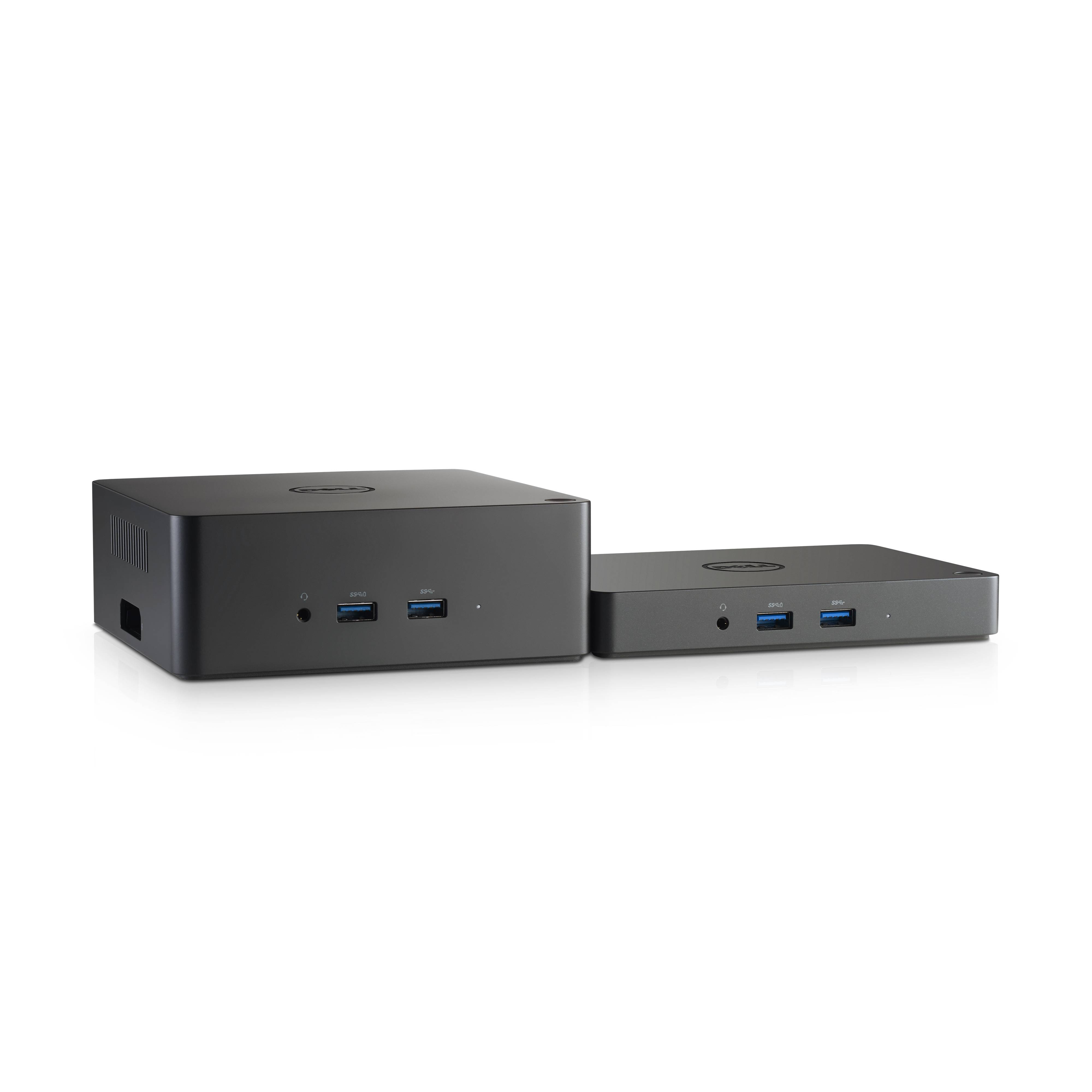 Zwei schwarze Dell-Docking-Stationen oder Mini-PC-Geräte auf weißem Hintergrund, eines größer und eines kleiner, beide zeigen vordere USB-Anschlüsse.