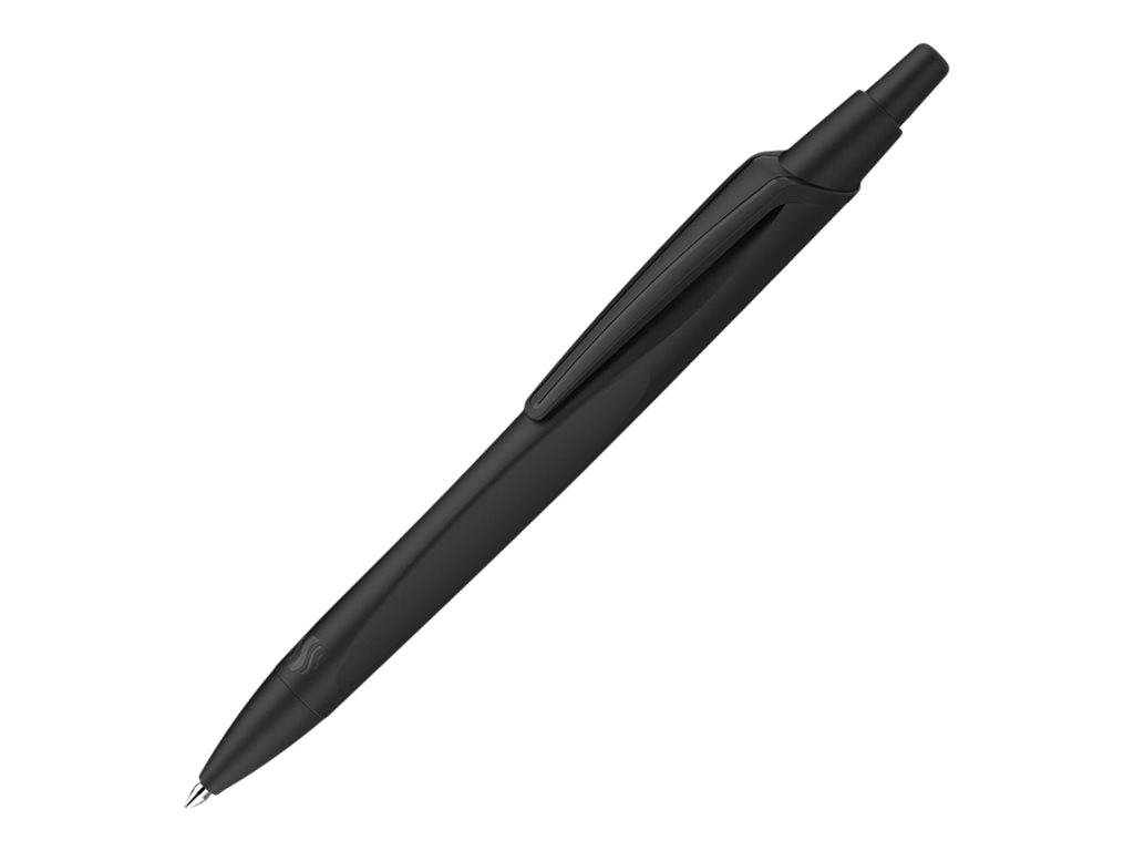 Schwarzer Kugelschreiber mit Kappe auf weißem Hintergrund, diagonal angeordnet.