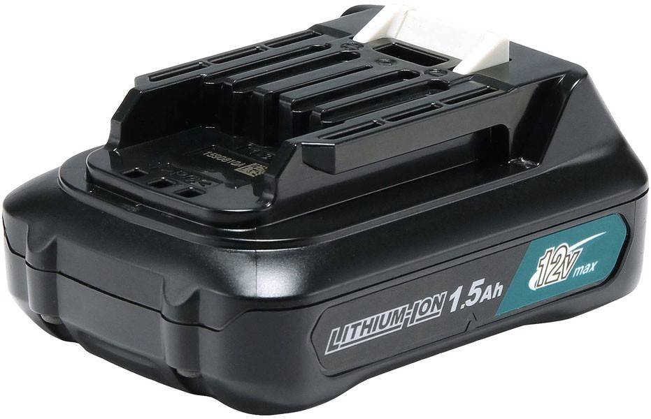 Ein schwarzes Lithium-Ionen-Akkupack, mit der Beschriftung '1,5Ah', in rechteckiger Form und für Elektrowerkzeuge konzipiert, mit sichtbaren Anschlussöffnungen.