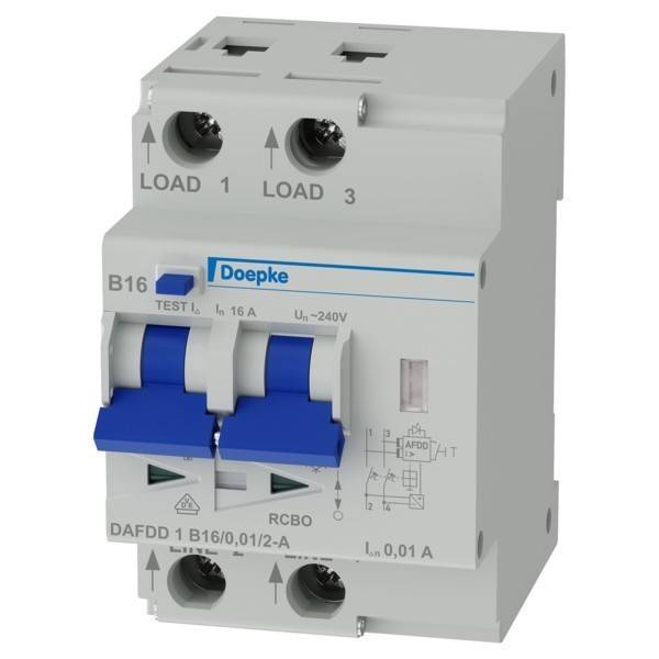 Leitungsschutzschalter mit der Bezeichnung 'B16' mit blauen Schaltern, beschriftet mit 'LAST 1, 2, 3', 'TEST' und 'RCBO'. Doepke-Markenlogo ist sichtbar.