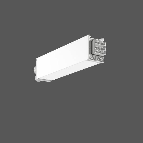 Weiße rechteckige lineare Leuchte oder LED-Modul in Perspektivansicht auf dunkelgrauem Hintergrund mit freiliegendem Steckeranschluss.
