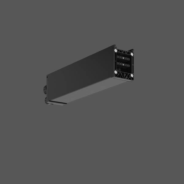 Schwarzes rechteckiges elektronisches Modul oder Sensoreinheit in perspektivischer Ansicht auf einfachem grauem Hintergrund.
