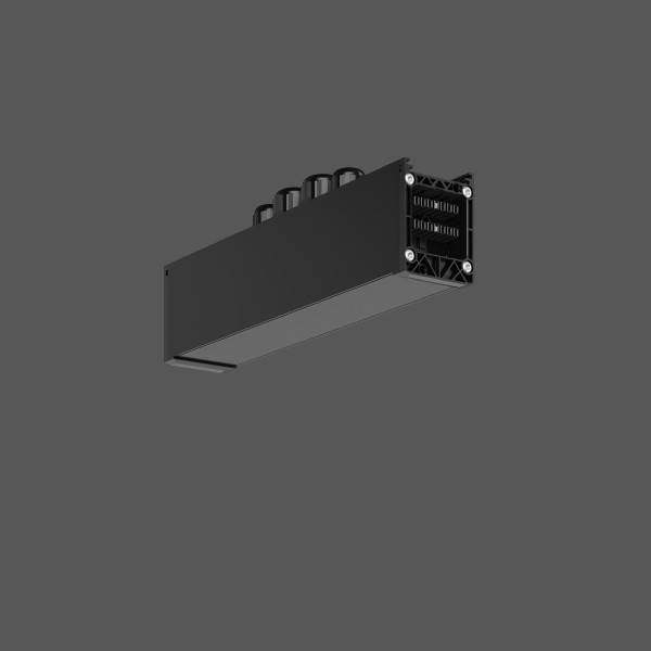 Schwarzes rechteckiges elektronisches Modul mit vier oberen Anschlüssen und belüftetem Frontende, dargestellt auf einfachem grauem Hintergrund.