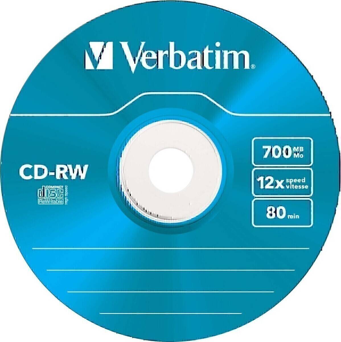 Eine blaue Verbatim CD-RW mit den Aufdrucken '700 MB', '12X speed' und '80 min' Kapazität, die die Spezifikationen der Disc zeigt.