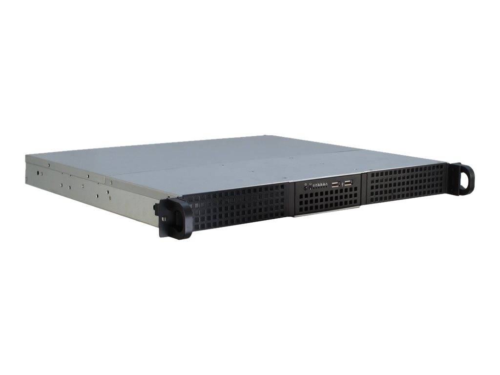 Rack-montierter Server mit schwarzem belüftetem Frontpanel und Griff, vor weißem Hintergrund dargestellt.