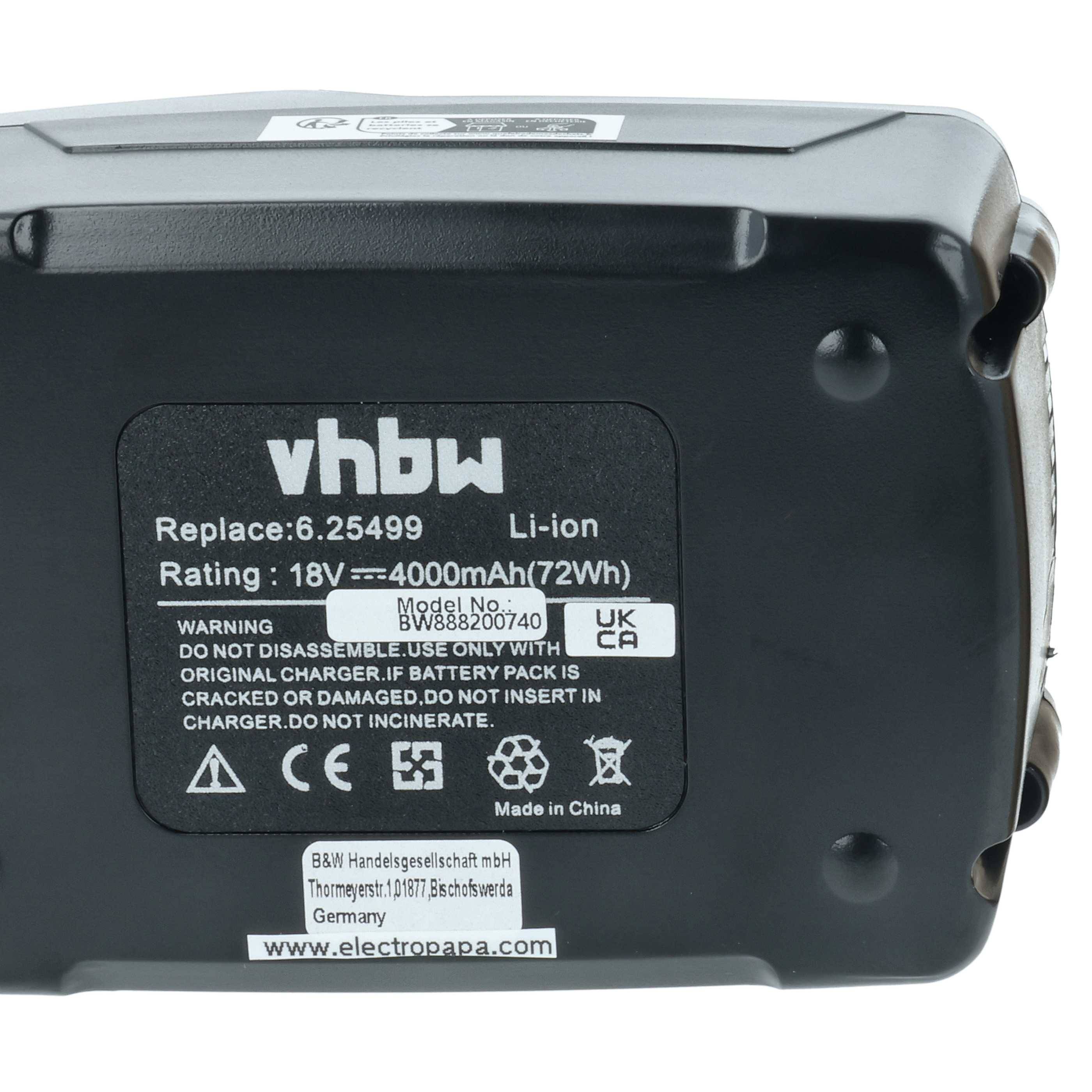 Eine Lithium-Ionen-Batterie der Marke 'vhbw' mit 18V, 4000mAh (72Wh). Warnung: Nicht zerlegen oder mit beschädigtem Akku verwenden.