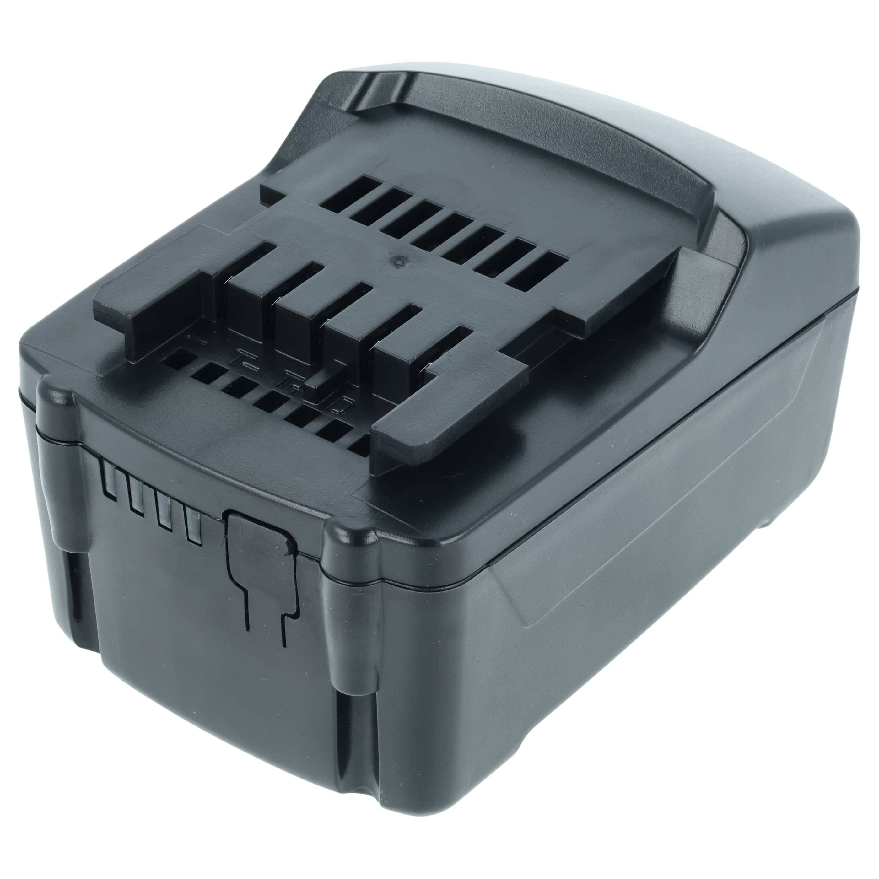 Ein schwarzer Akkupack für ein Elektrowerkzeug mit sichtbaren Lüftungsschlitzen und einem Sicherungsverschluss auf der Oberseite.