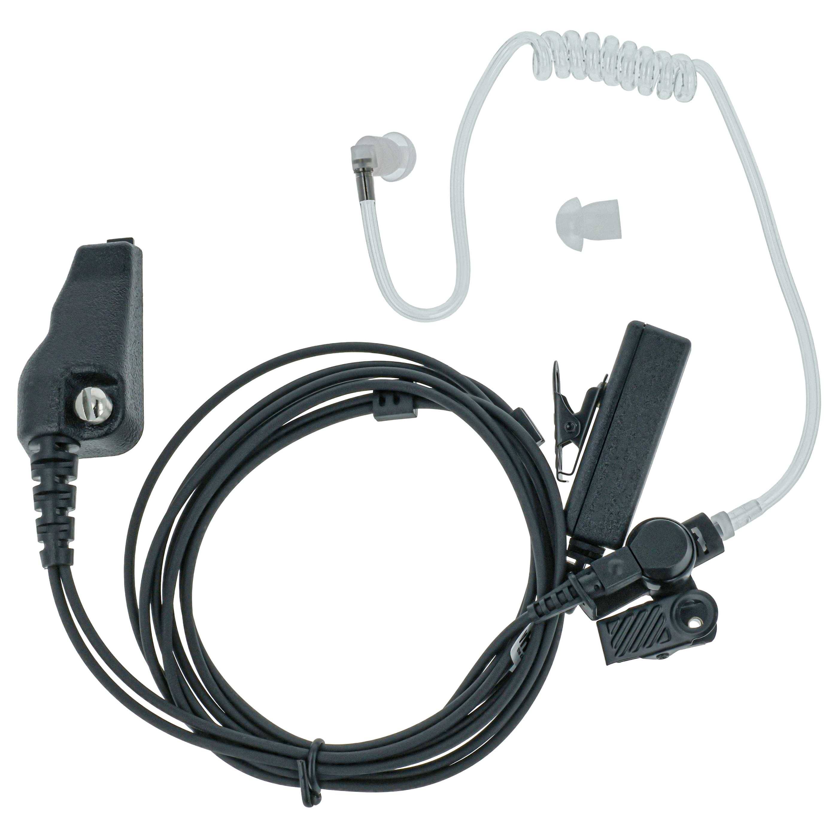 Ohrhörer mit gewundenem Schallschlauch und aufsteckbarem Mikrofon, entwickelt für diskrete Kommunikation, typischerweise für die Verwendung mit Funkgeräten.