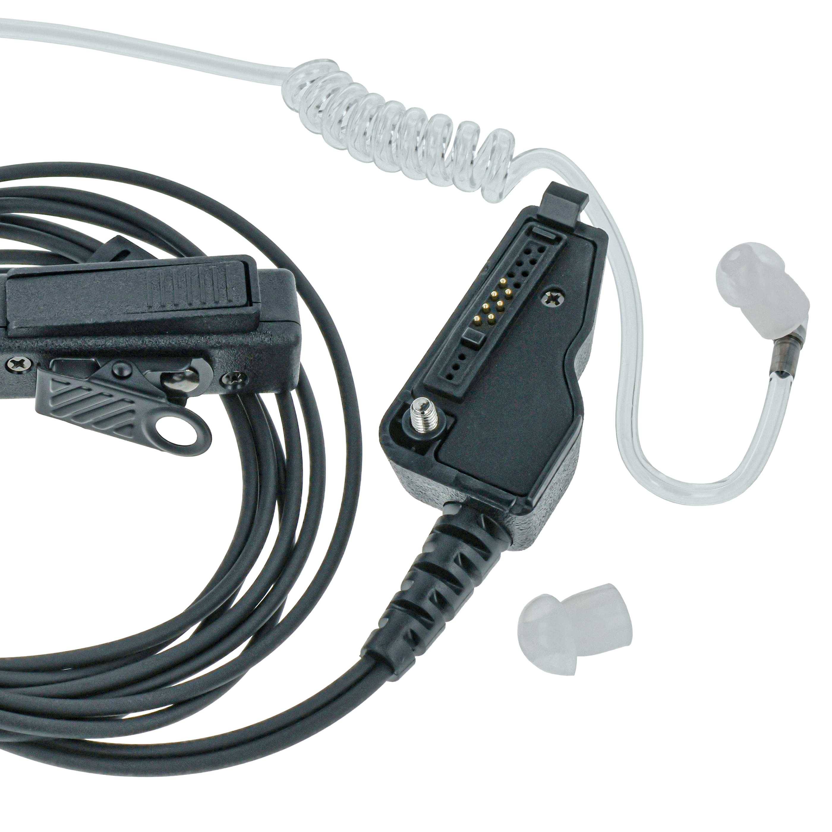 Ohrhörer und Mikrofon mit Spiralkabel, ausgestattet mit einem Ohrstöpsel und Clip. Wird für diskrete Audiokommunikation verwendet.