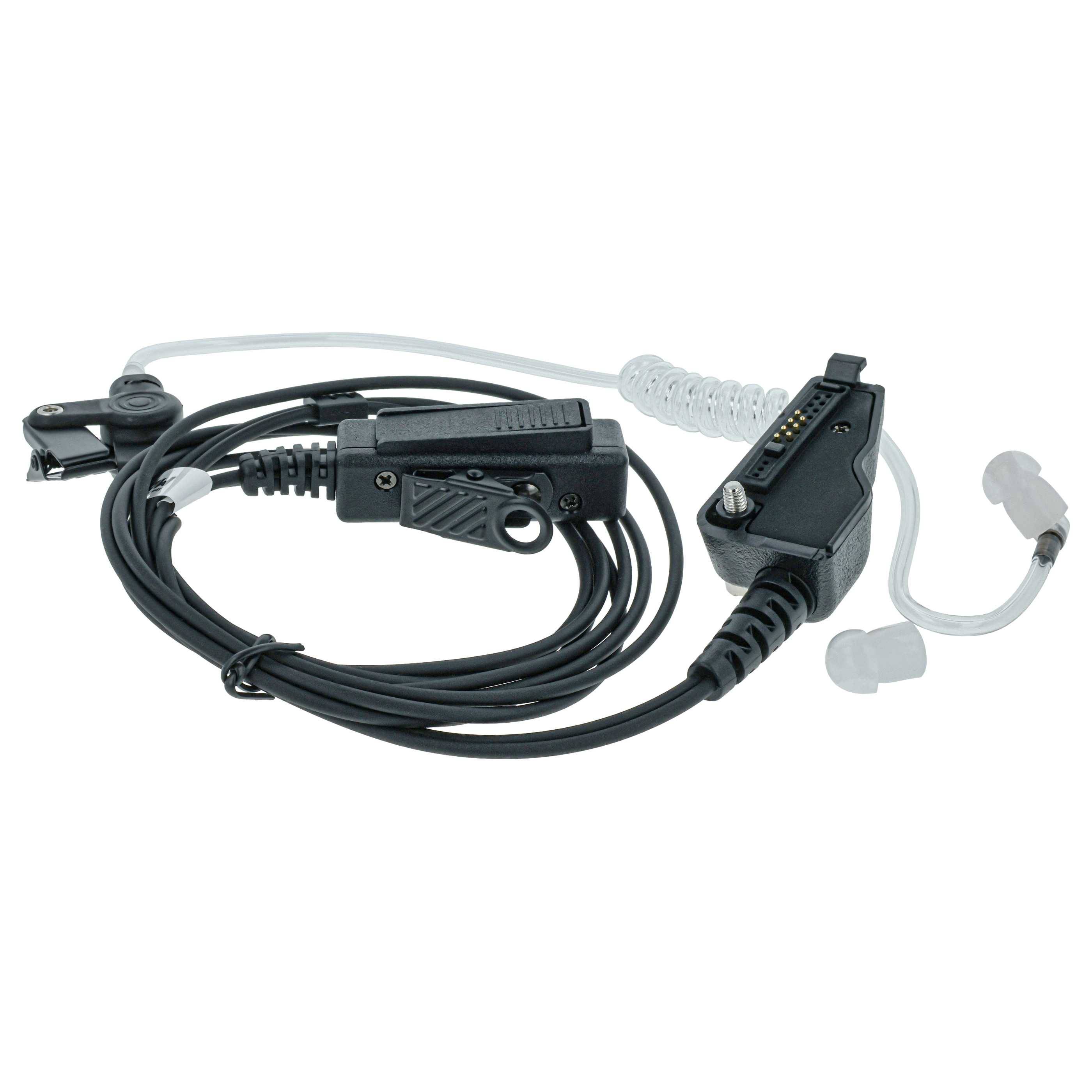 Ein gewundenes Ohrstück mit klarem Schallschlauch und Doppelsteckern, das für Funkgeräte verwendet wird, verfügt über Ohrhörer und einen abnehmbaren Clip.