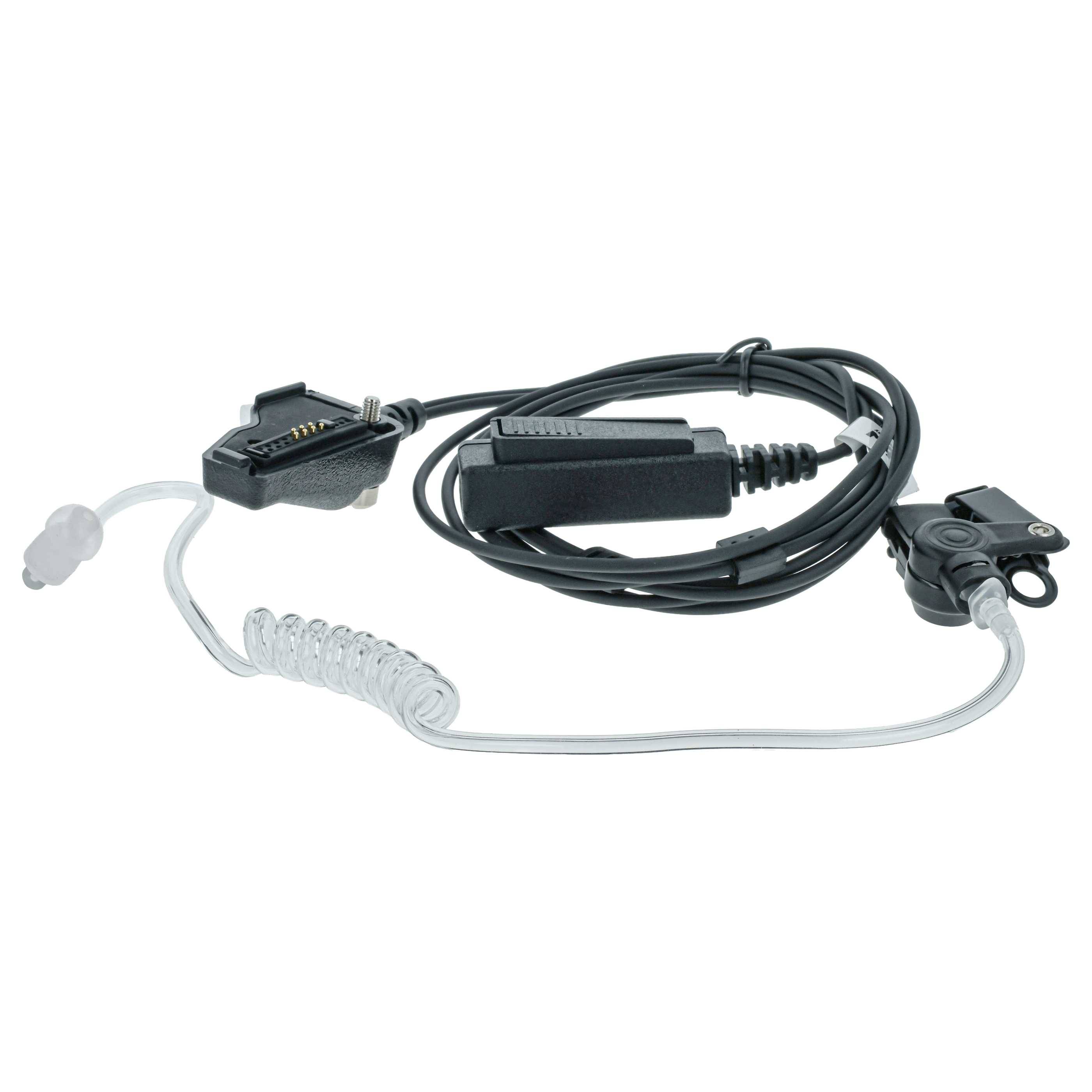 Ohrstöpsel mit gewundenem transparentem Schlauch und schwarzem Verbindungskabel, entwickelt für diskrete Kommunikation, häufig in Sicherheitsumgebungen verwendet.