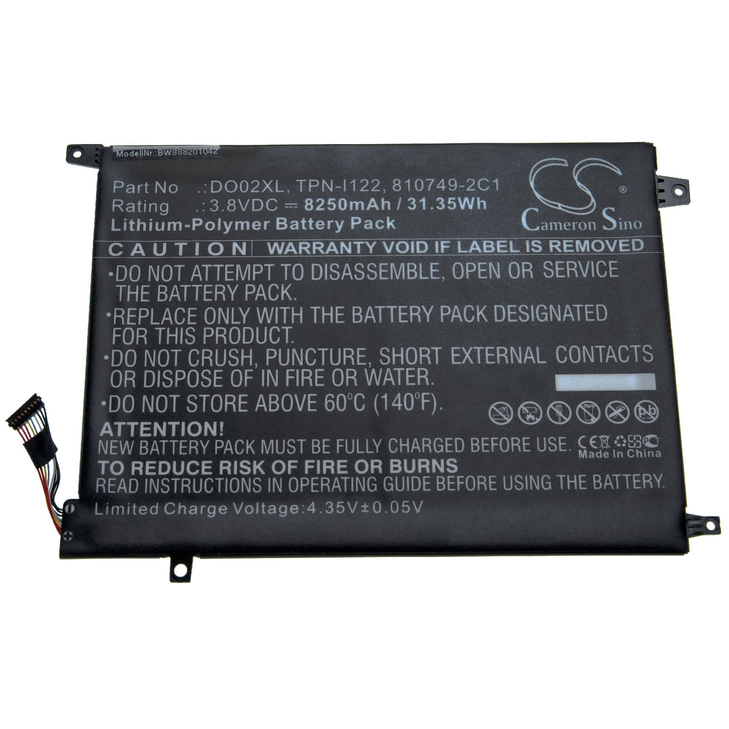 Ein Lithium-Polymer-Akkupack mit folgenden Angaben: 3,8VDC, 8250mAh und 31,35Wh. Enthält Sicherheitswarnungen gegen Zerlegung oder Feuerexposition.