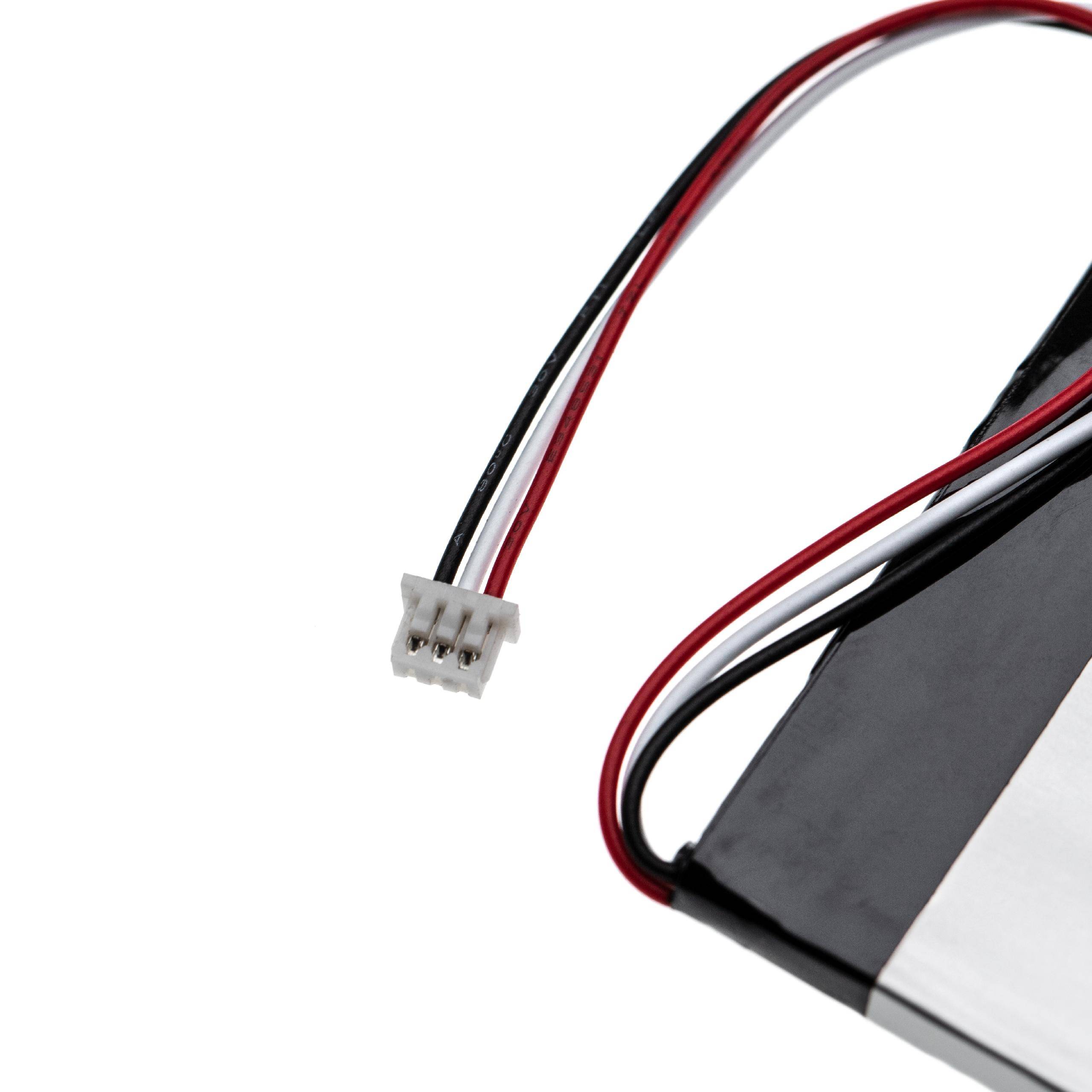Nahaufnahme eines Batteriepakets mit roten, schwarzen und weißen Drähten, die in einen kleinen weißen Stecker enden.
