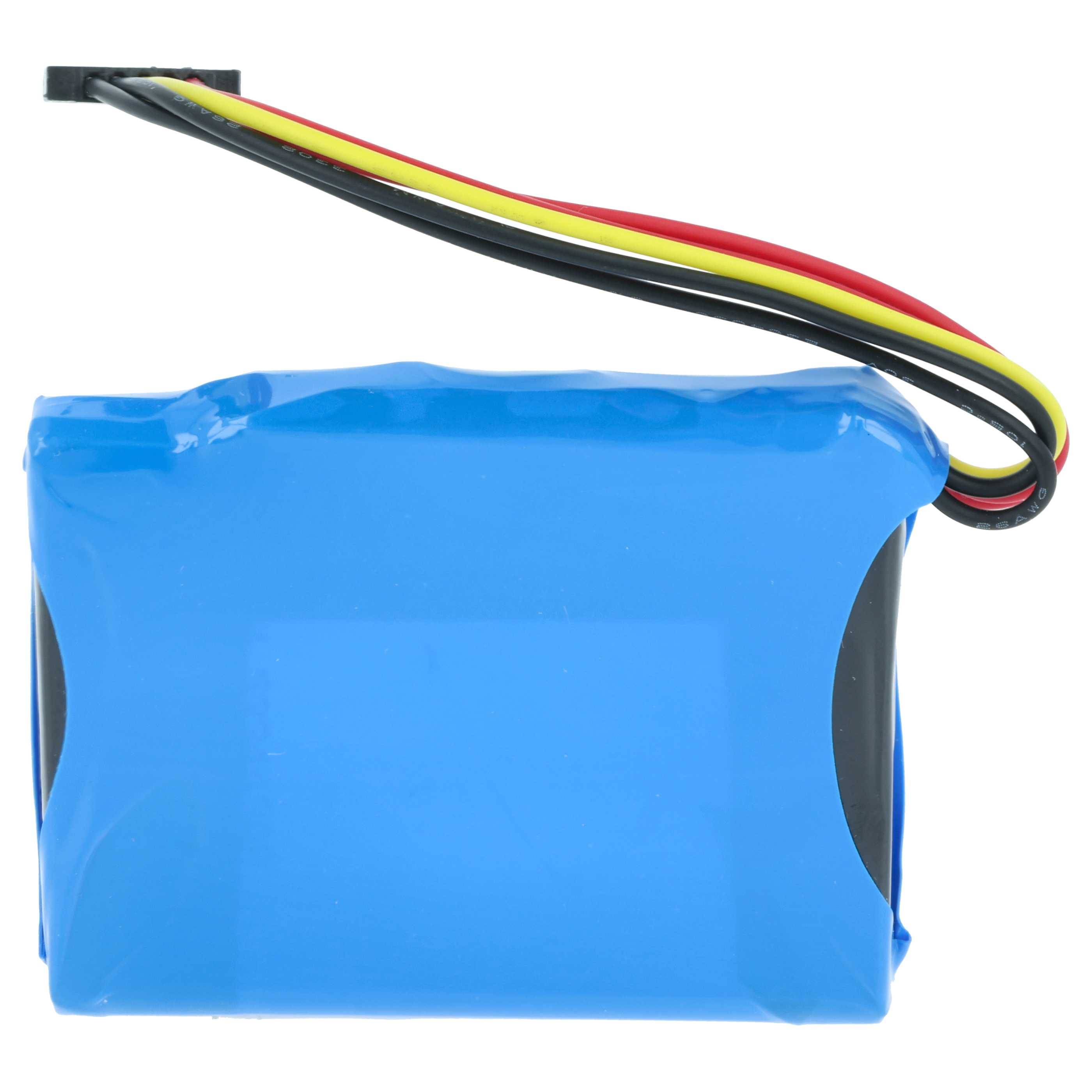 Ein blauer Lithium-Ionen-Akkupack mit drei Drähten - schwarz, rot und gelb - die von oben herausragen und zum Stromversorgung elektronischer Geräte verwendet werden.