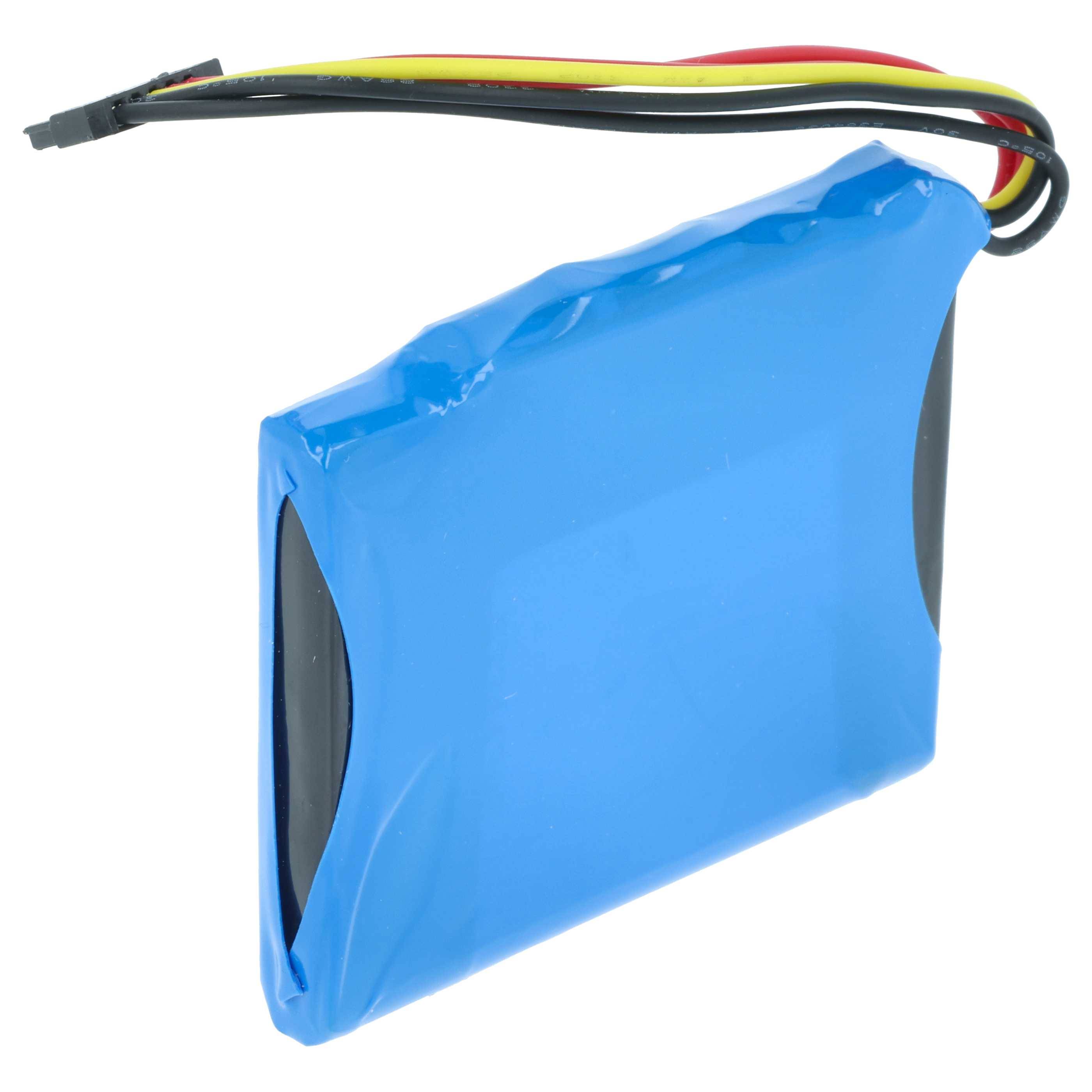 Ein blauer Lithium-Ionen-Akkupack mit schwarzen und roten Kabeln, die aus der oberen rechten Ecke herausragen.