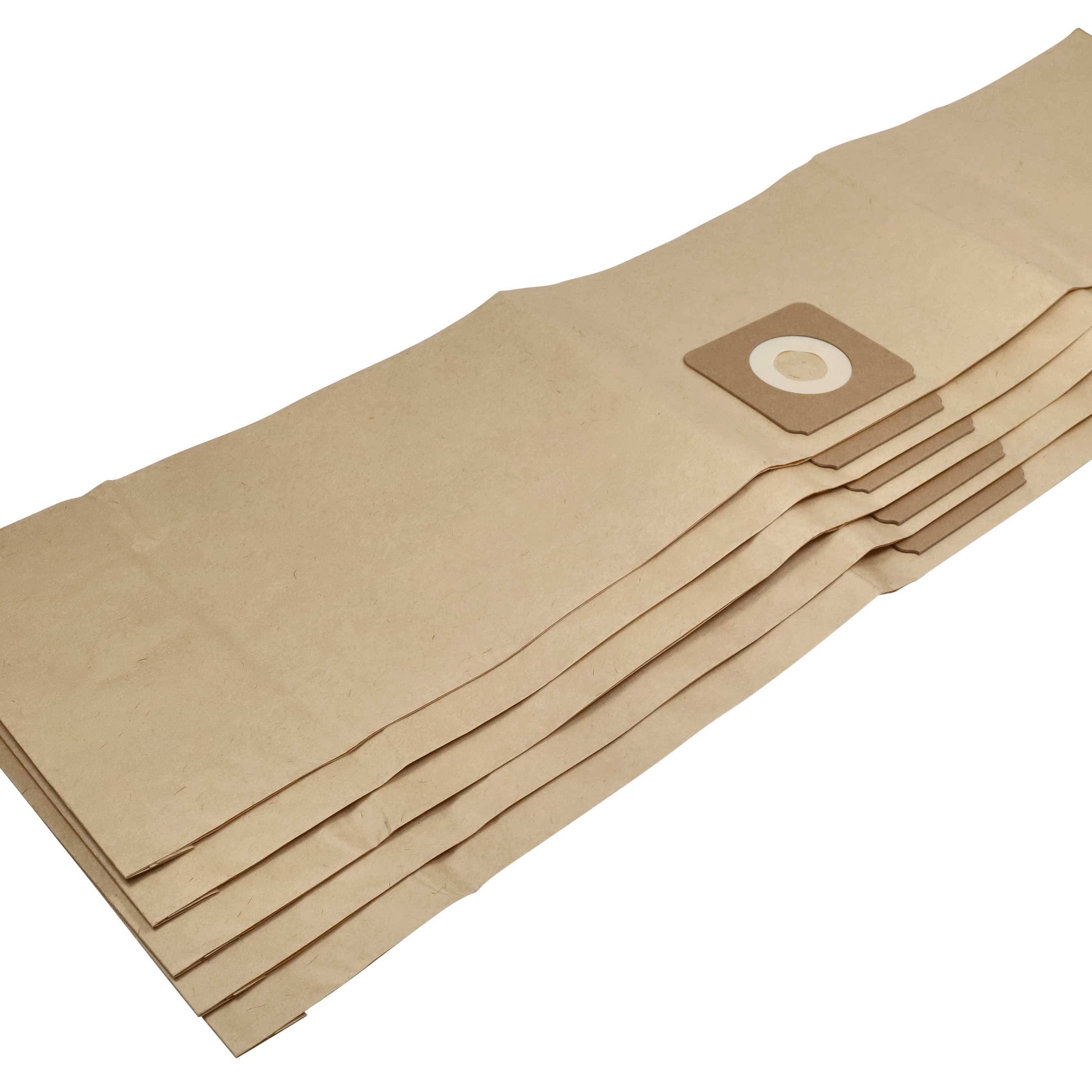 Ein Stapel brauner Papierstaubsaugerbeutel mit kreisförmigen Öffnungen und Kartonbefestigungen, geeignet für die Staubsammlung in Staubsaugern.
