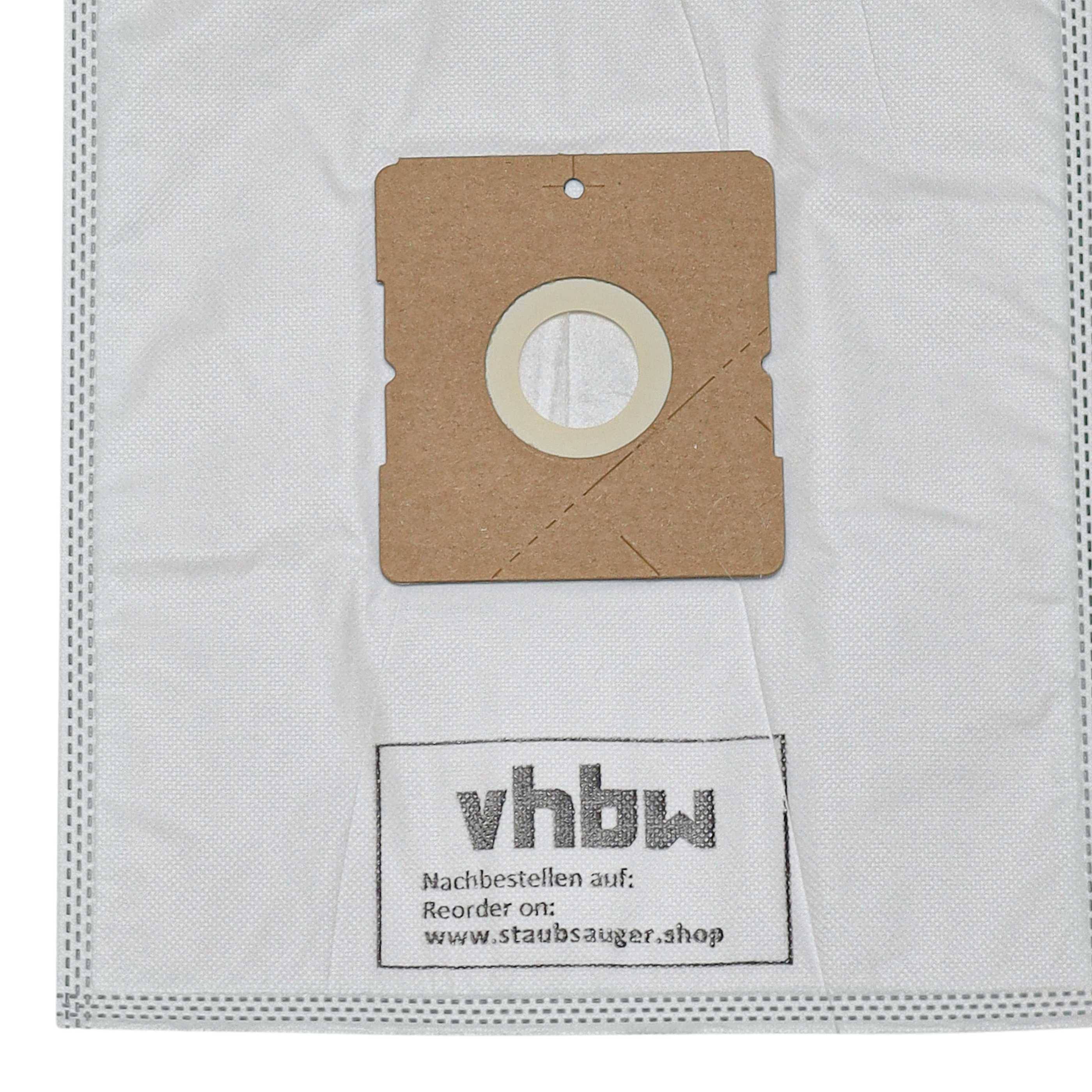 Ein weißer Staubsaugerbeutel mit einer zentralen kreisförmigen Öffnung und einer Pappunterstützung. Darunter befindet sich ein Etikett mit dem Text 'vhbw' und einer Website.