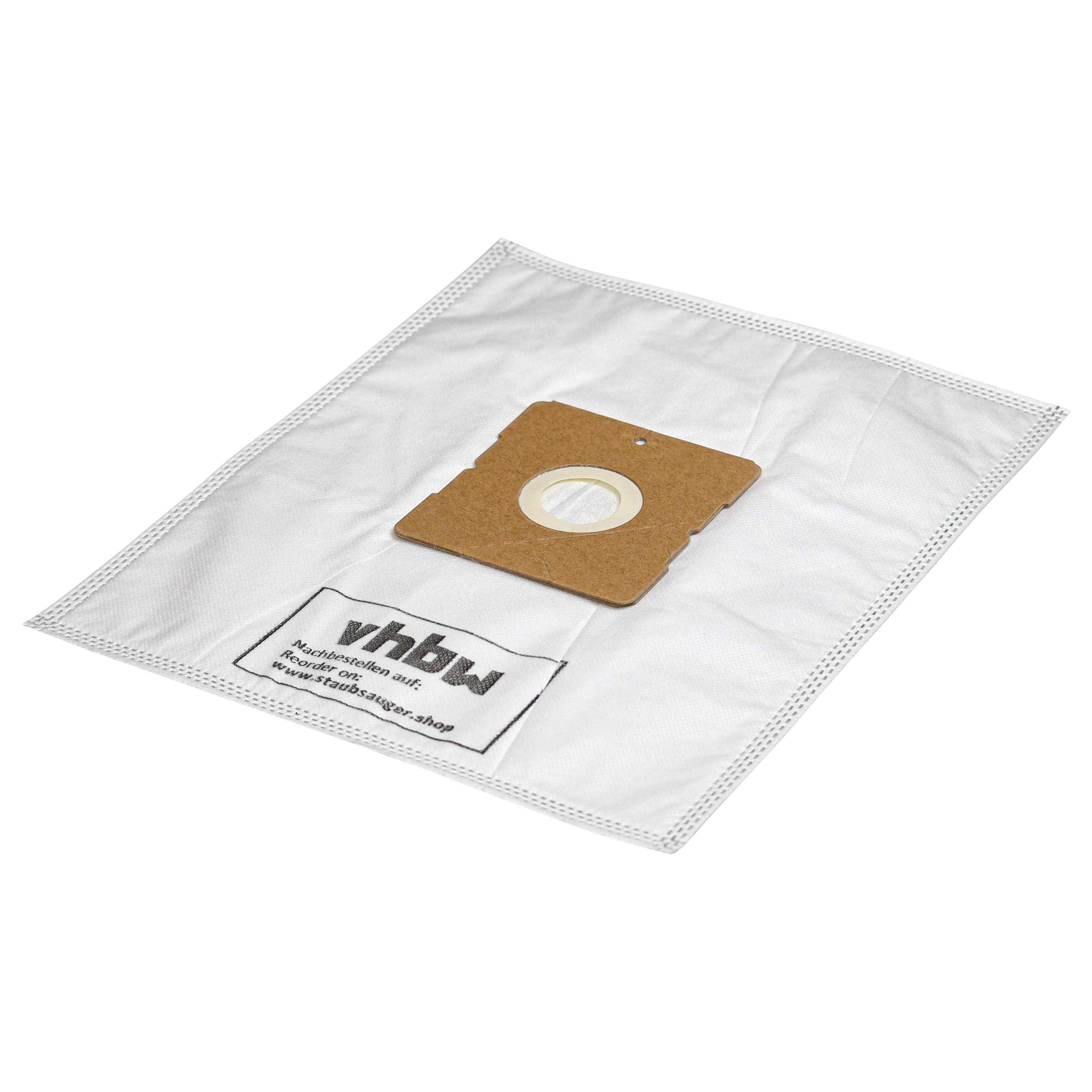 Ein weißer Staubsaugerbeutel mit einer quadratischen braunen Kartoneinpassung und einem kreisrunden Einlass. Die Marke 'vhbw' ist darauf gedruckt.