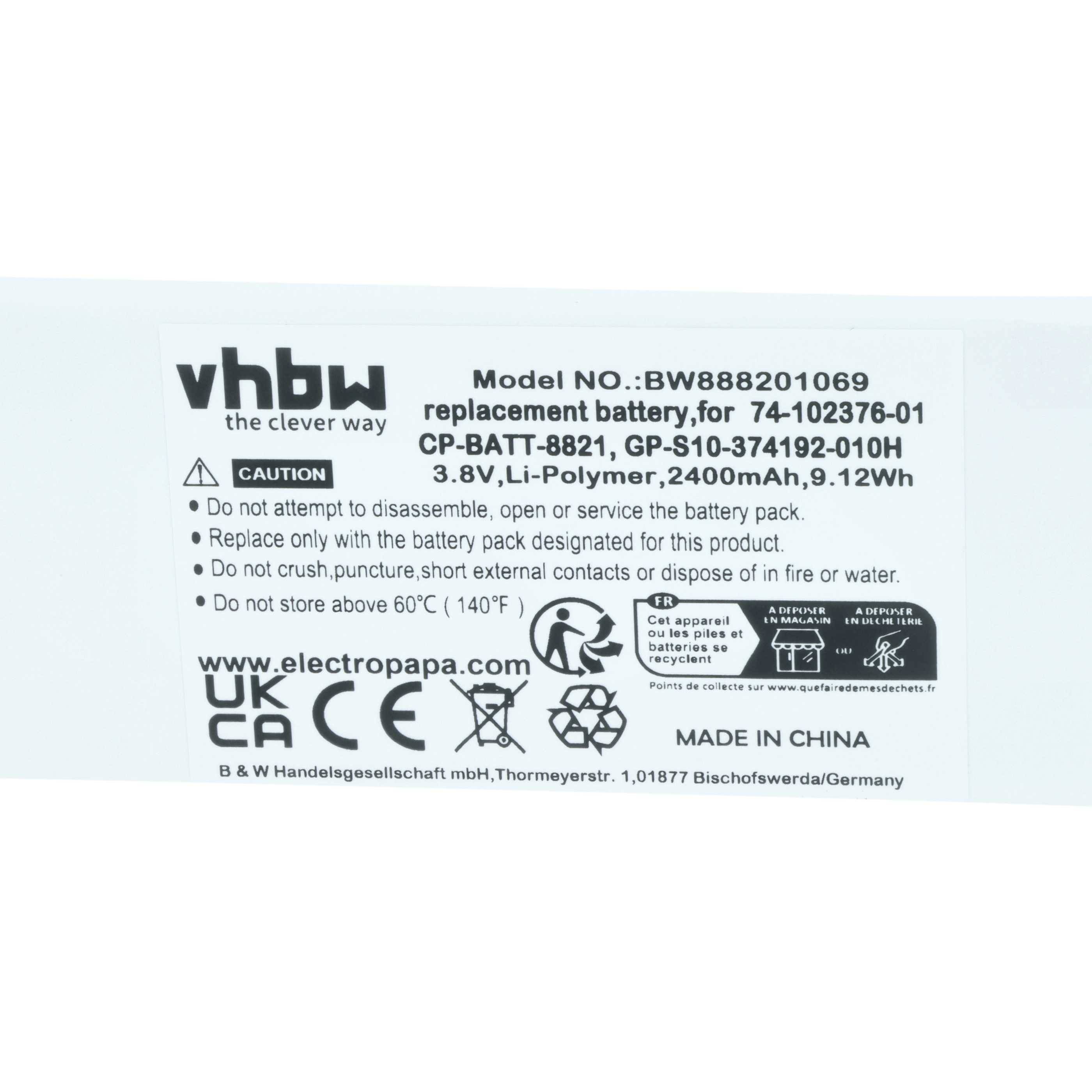 Ersatzbatterie von vhbw, Modell BW882201069, geeignet für 74-102376-01, CP-BATT-8821, GP-S10-374932-010H. Hergestellt in China.