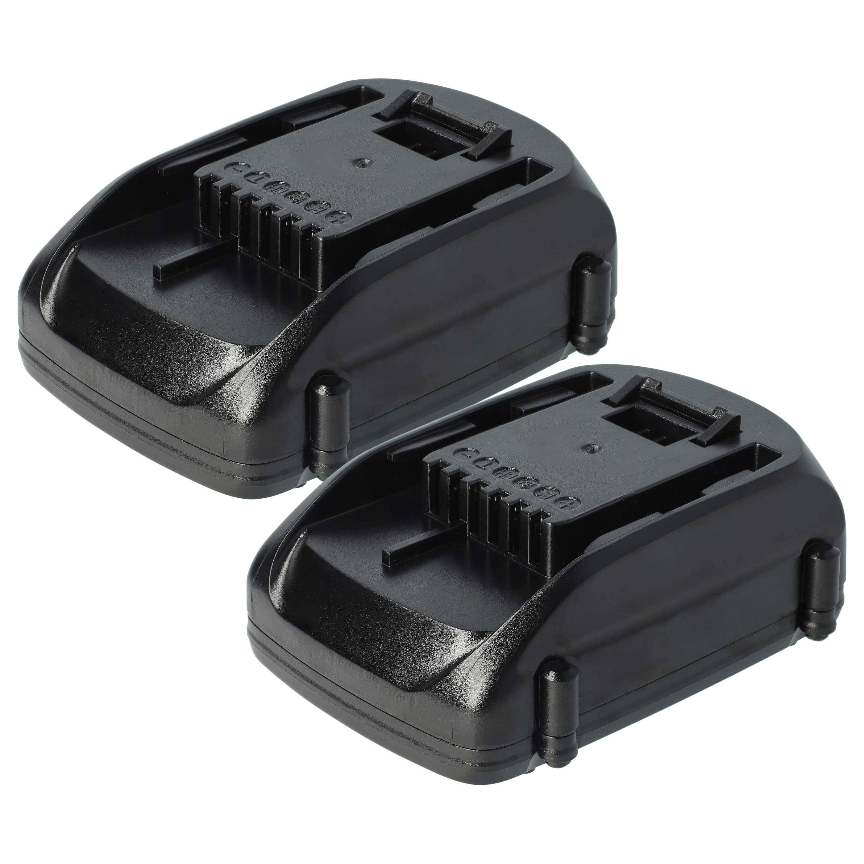 Zwei schwarze wiederaufladbare Akkus für Elektrowerkzeuge, die nebeneinander auf einem weißen Hintergrund platziert sind.