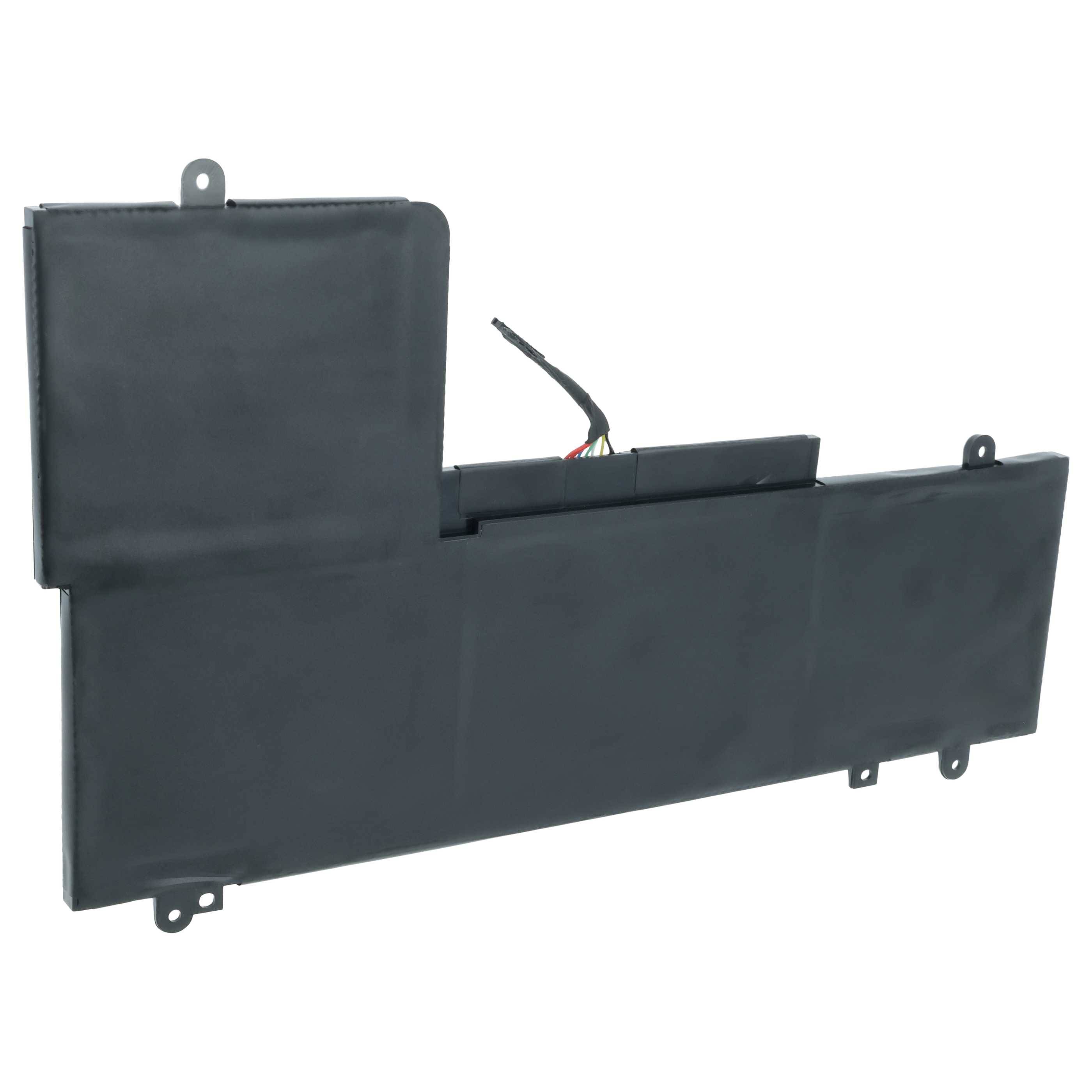 Eine schwarze Lithium-Ionen-Laptop-Batterie mit rechteckiger Form und sichtbaren Kabeln an der Oberseite, die für die interne Installation konzipiert ist.