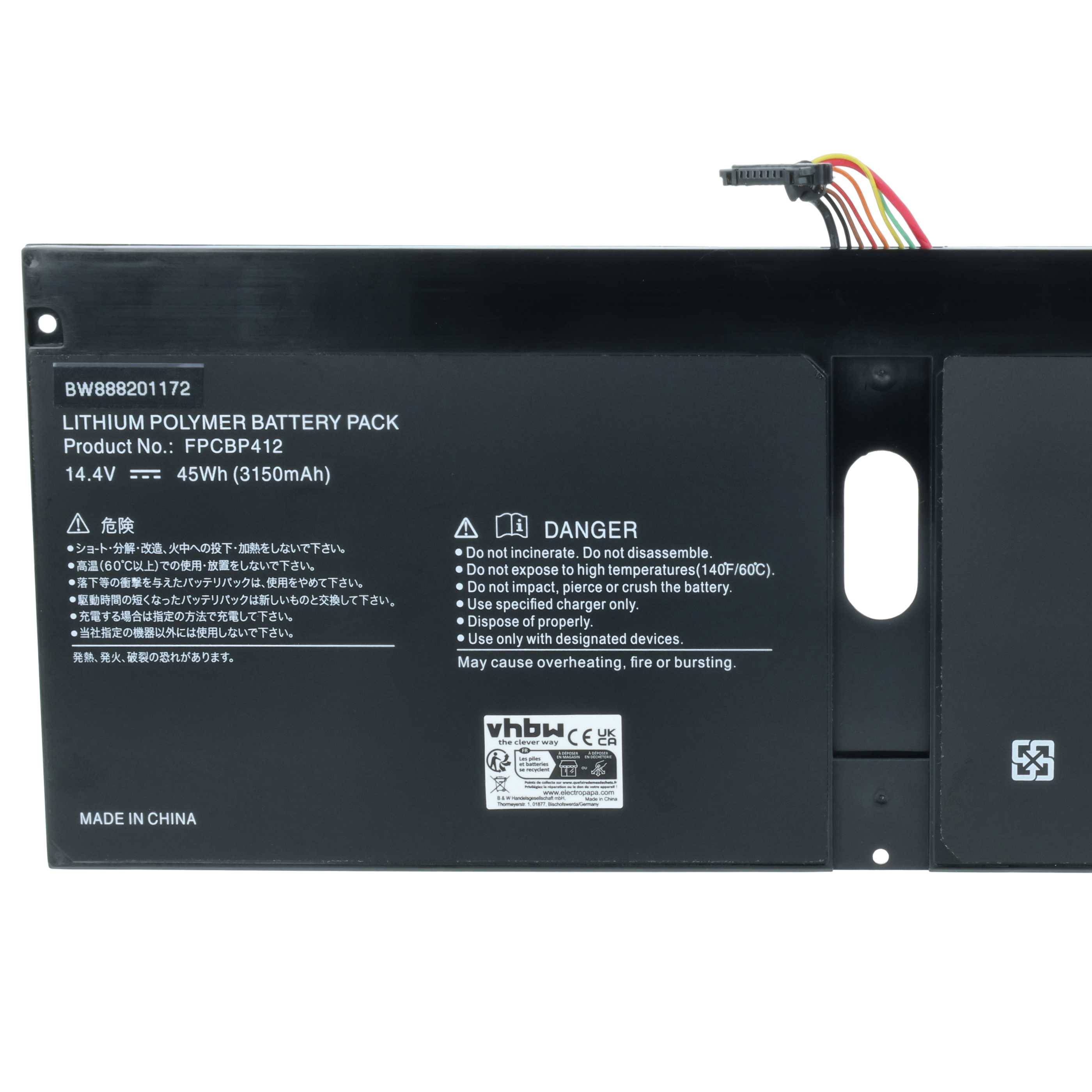 Schwarzes Lithium-Polymer-Akku-Pack mit Bezeichnung 14,4V 45Wh, mit Anschlussdrähten und Sicherheitswarntext auf dem Gehäuse.