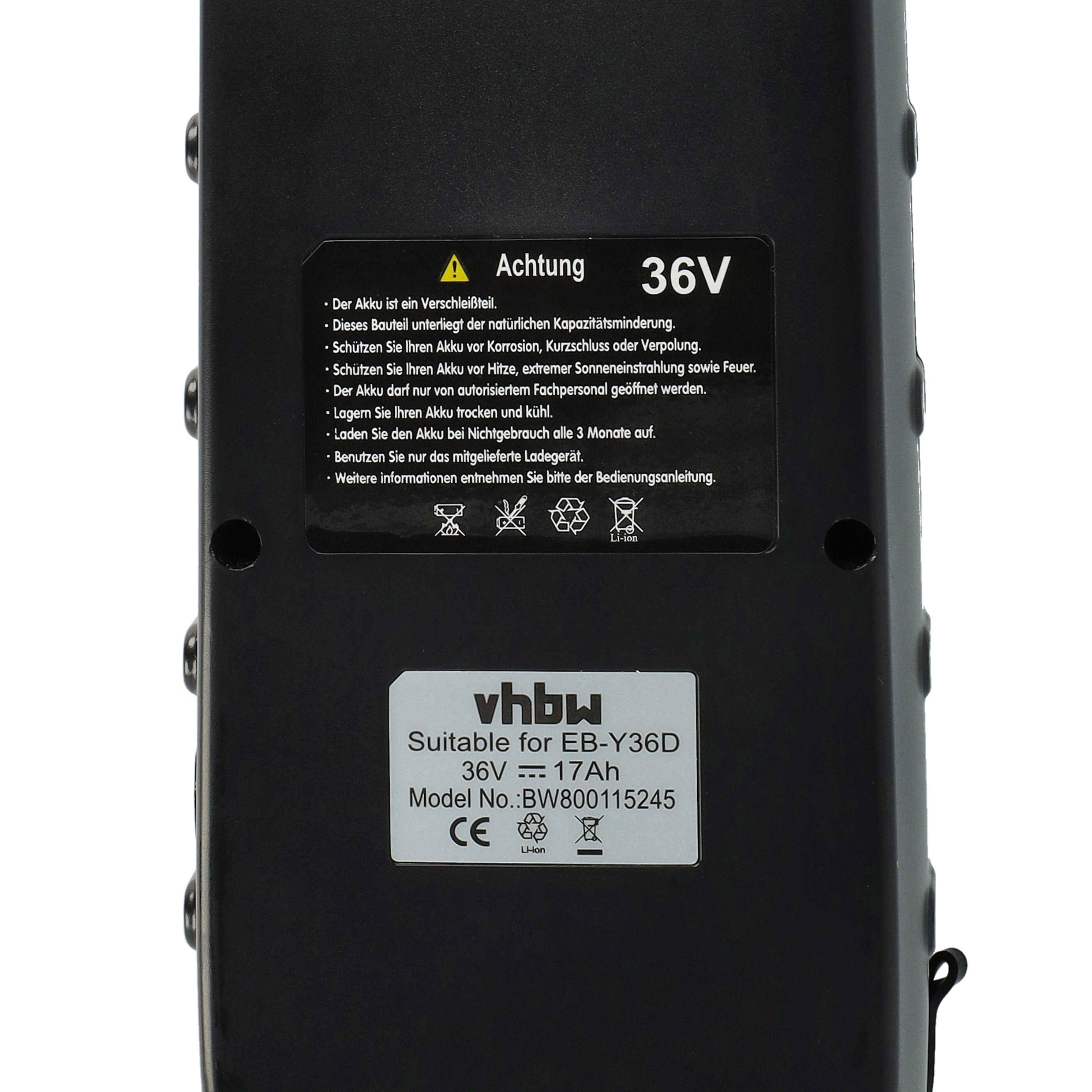 vhbw Akku kompatibel mit Kildemoes Urban EL Yamaha E-Bike (17 Ah, 36 V, Li-Ion) - Schwarz