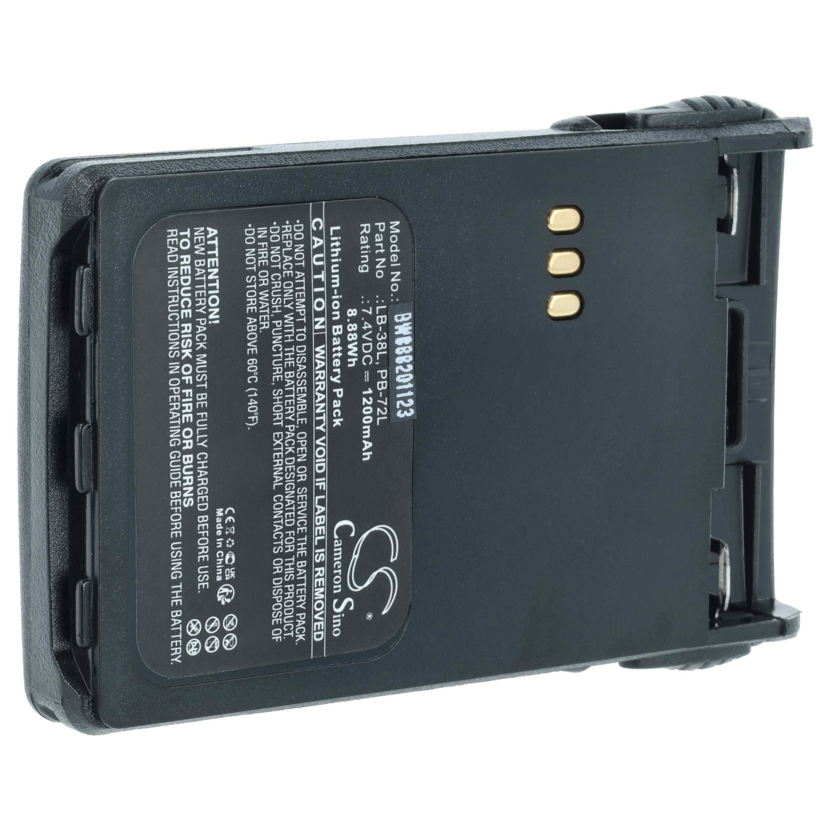 Rechteckige Batterie mit Etikett, das das Modell 'BWC03112' und Spezifikationen einschließlich 7,2V und 3500mAh zeigt. Drei goldene Kontakte sind sichtbar.