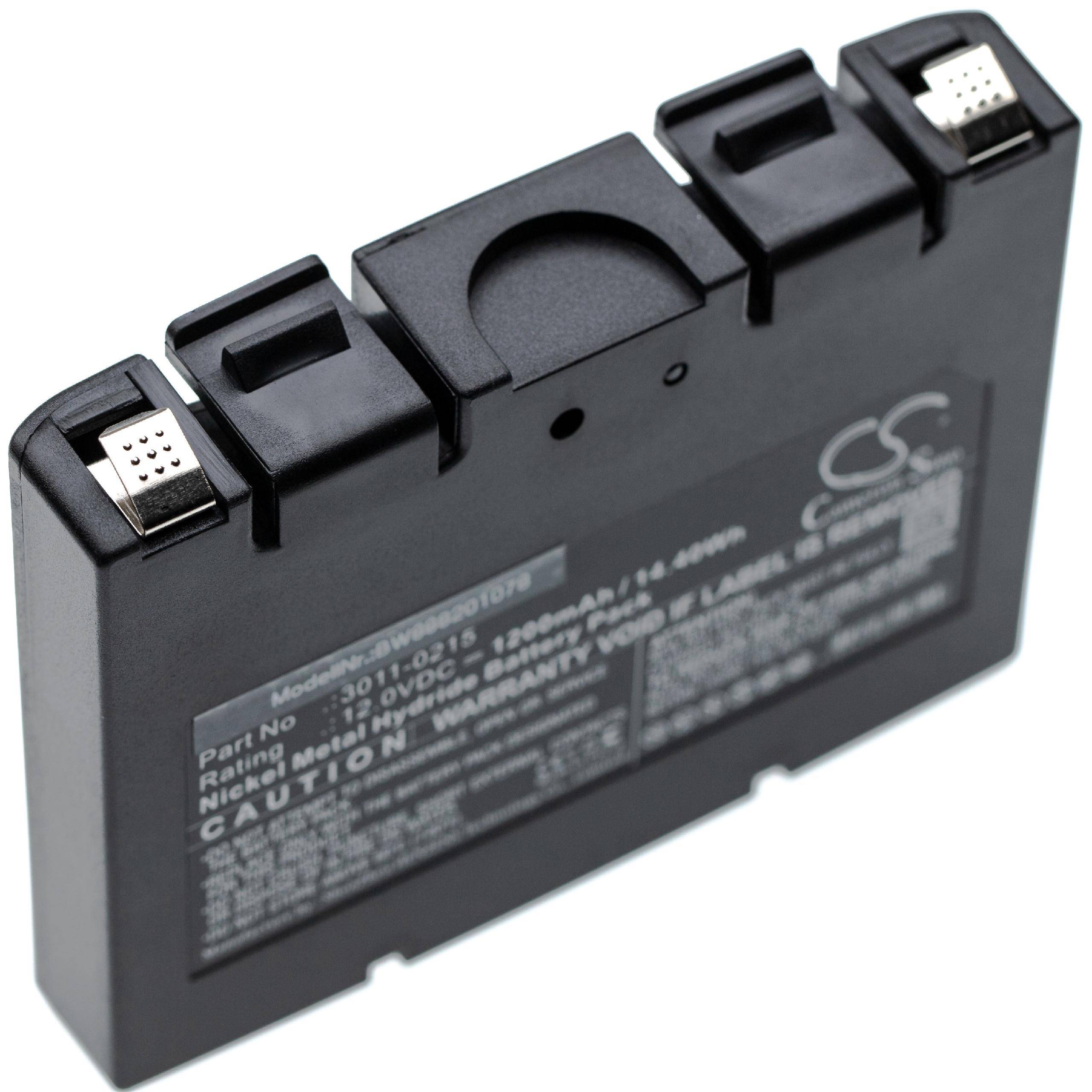 Schwarze rechteckige Batterie mit Metallkontakten und Etikett, auf dem Spezifikationen, einschließlich Modellnummer und Warnhinweise, aufgelistet sind.
