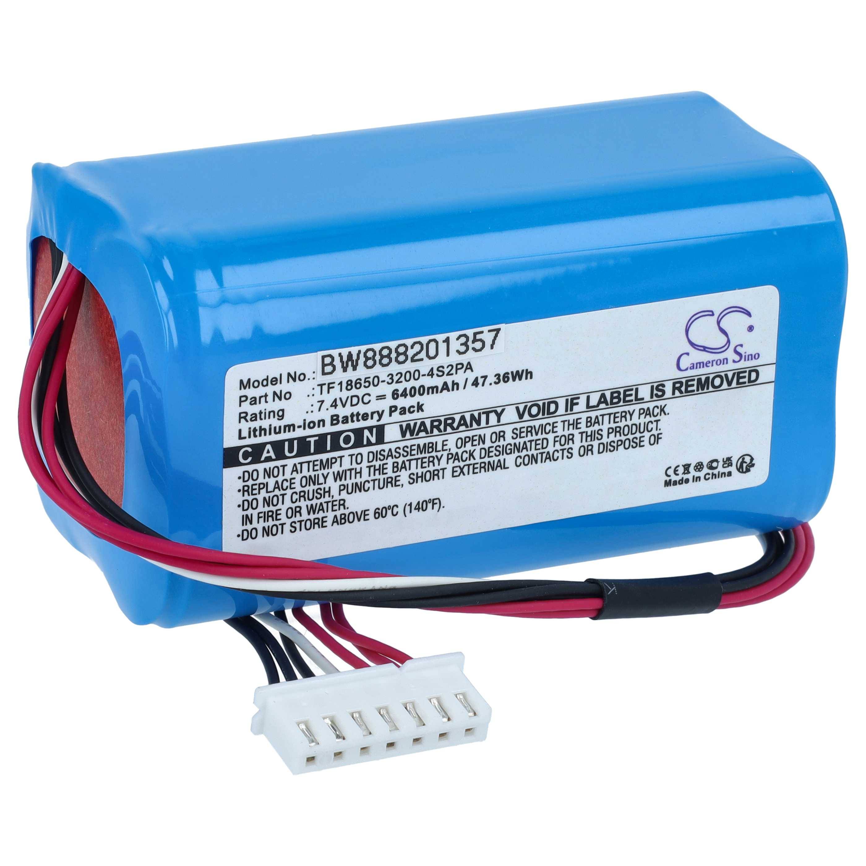 Blauer wiederaufladbarer Akku-Pack mit angebrachten roten und schwarzen Kabeln und weißem Anschluss, gekennzeichnet mit 7,4V DC und 6400mAh.