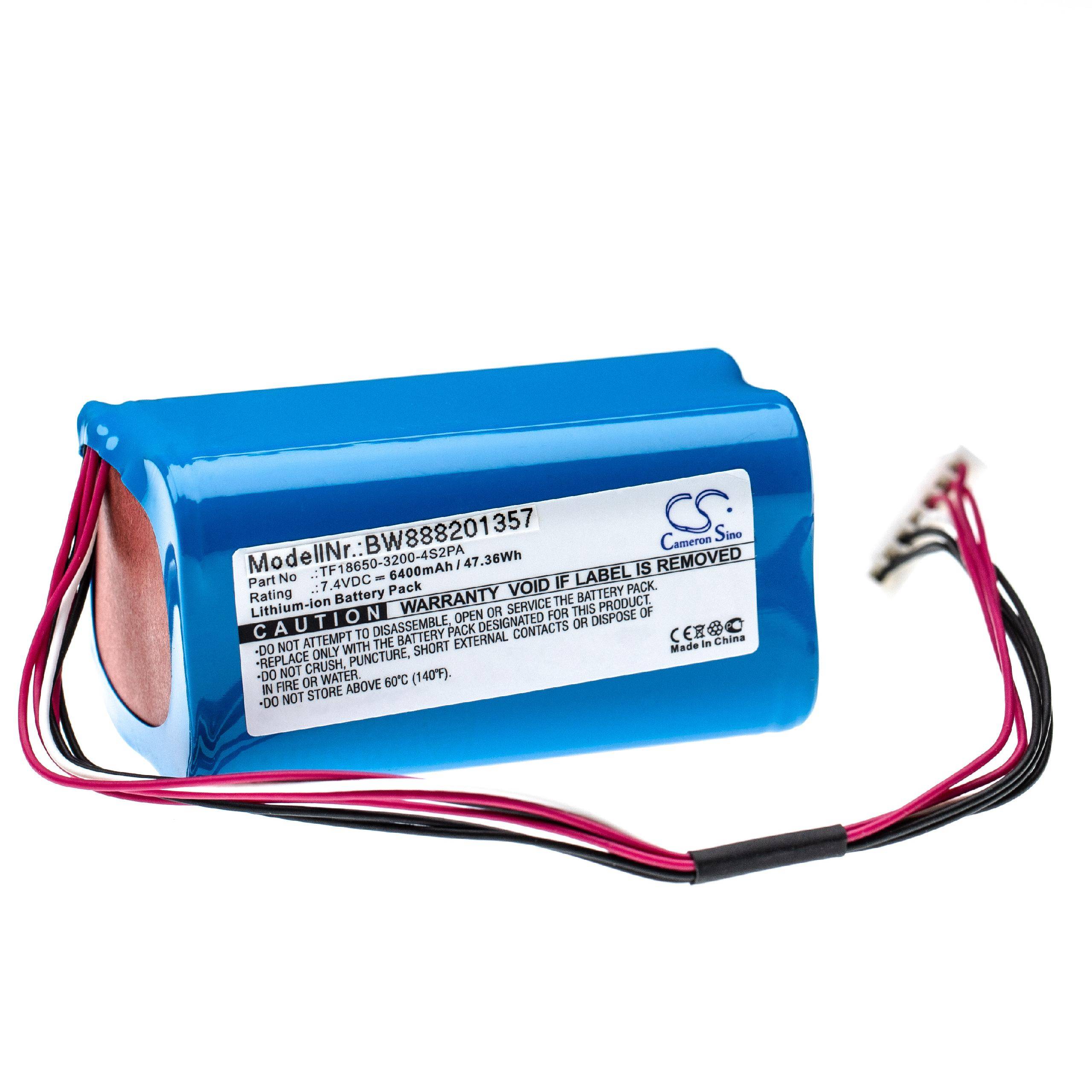 Blauer wiederaufladbarer Batteriepack mit angebrachten roten und schwarzen Kabeln und weißem Etikett auf einfachem Hintergrund.