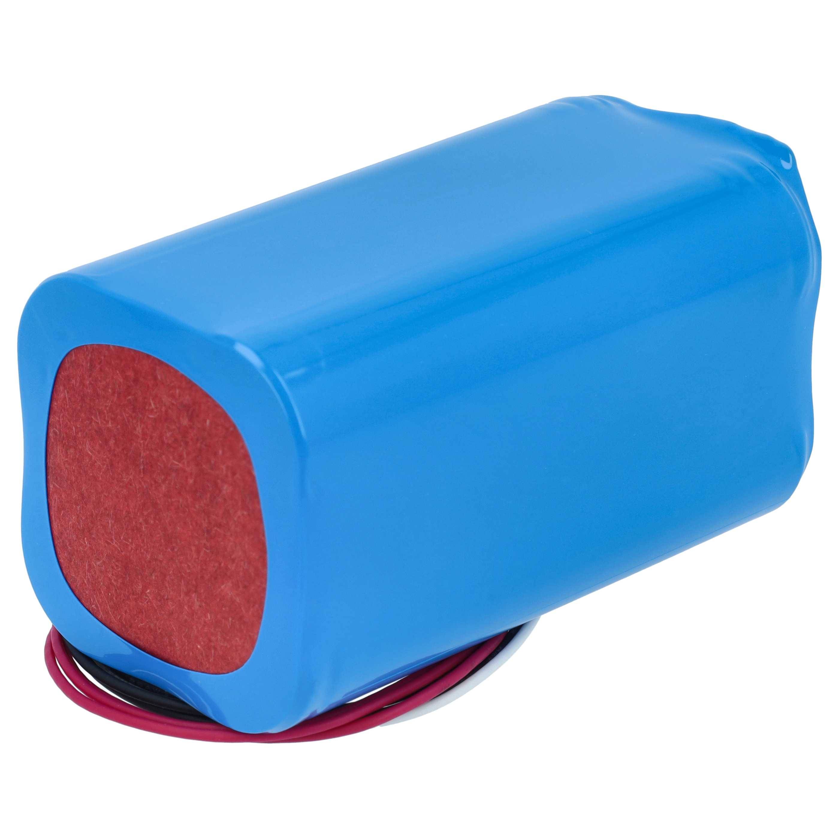 Blauer zylindrischer Batteriepack mit roter Endkappe und angeschlossenen Drähten auf weißem Hintergrund