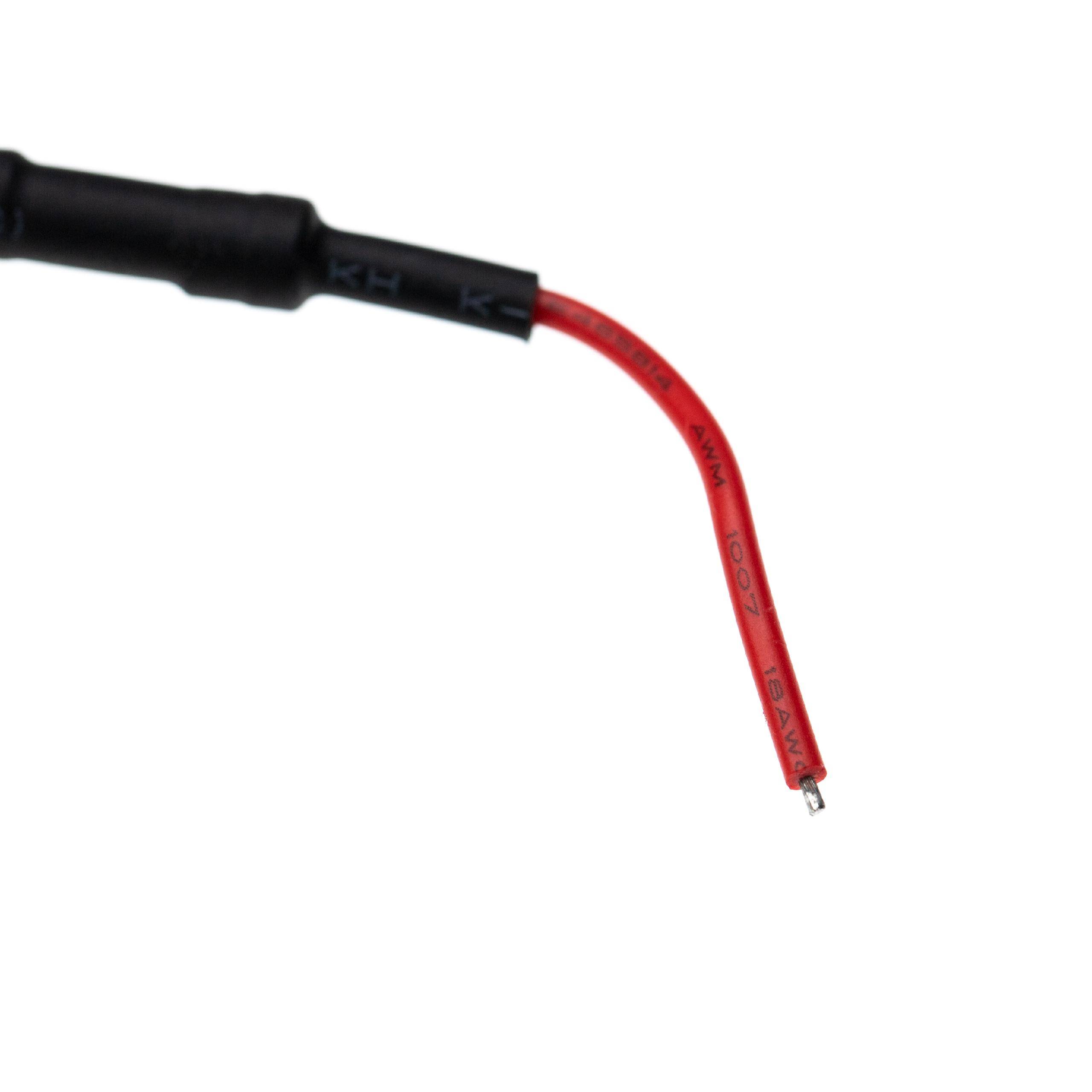 Rotes Kabel mit schwarzem Stecker, mit den Symbolen „+