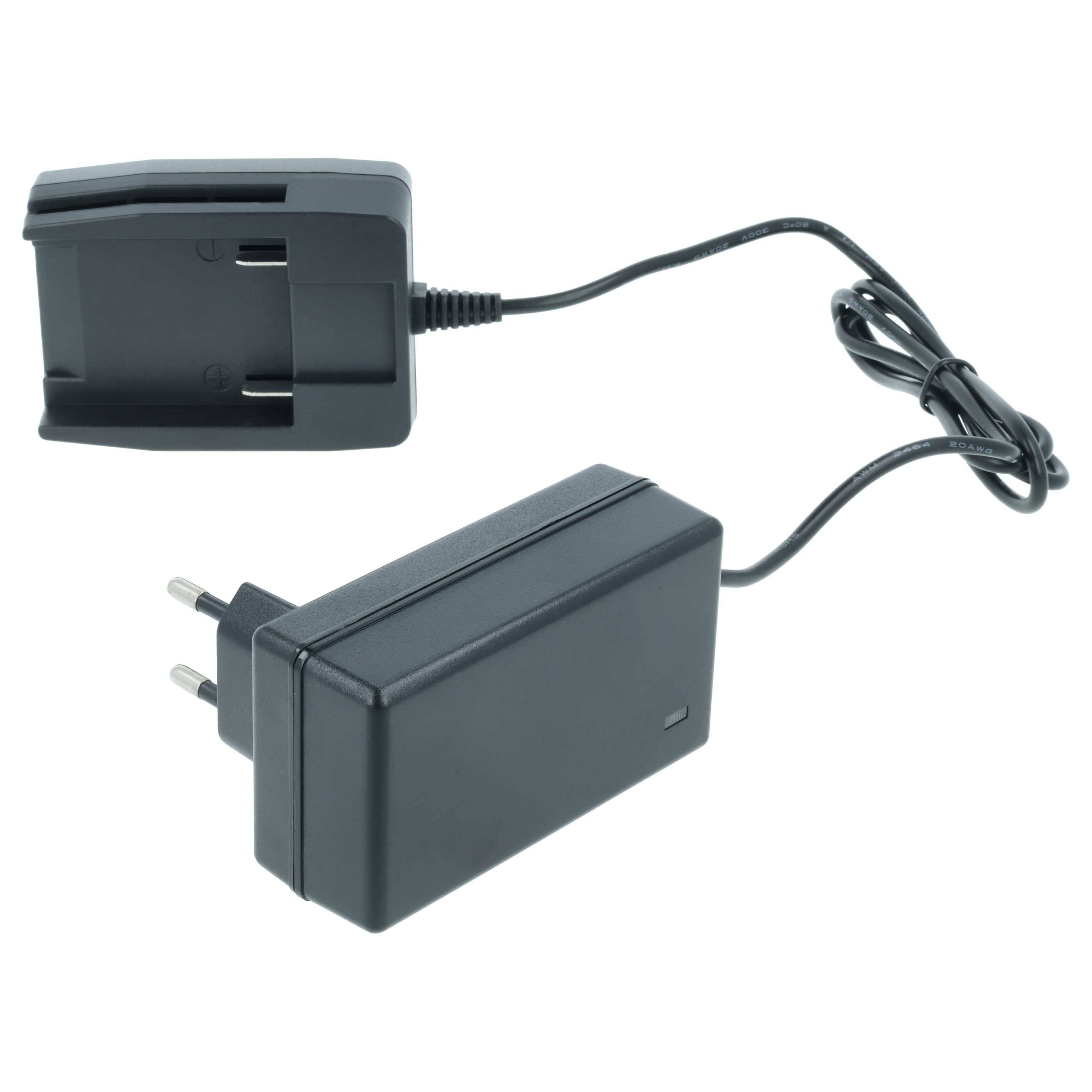 Ein schwarzes Batteriladegerät mit abnehmbarem Netzteil und einem zweipoligen Stecker an einem gewickelten Kabel, entwickelt zum Laden elektronischer Geräte.