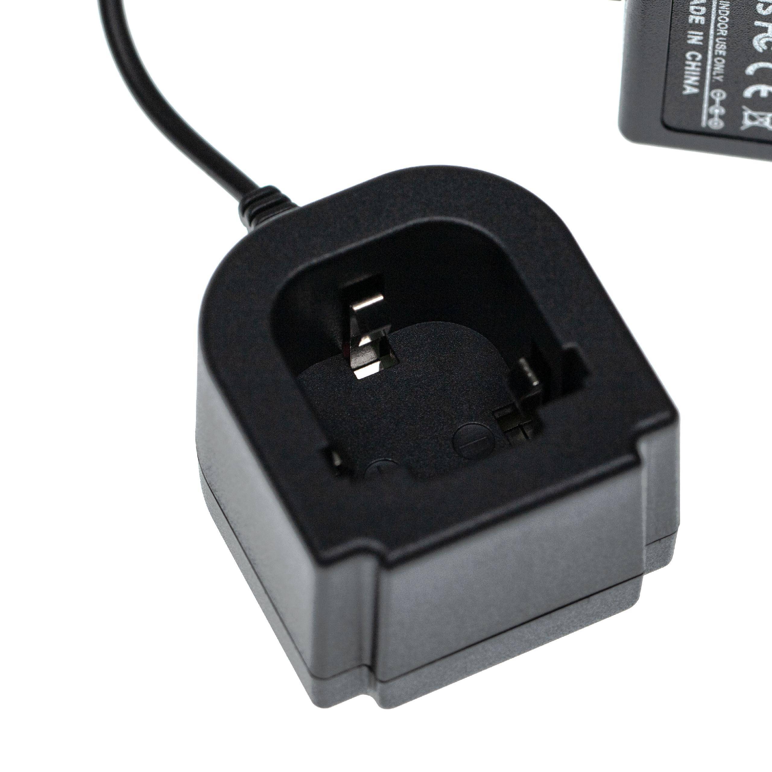 Ein schwarzes Ladegerät für einen Elektrorasierer, das den Schlitz zum Einführen eines wiederaufladbaren Akkus mit einem angeschlossenen Stromkabel zeigt.
