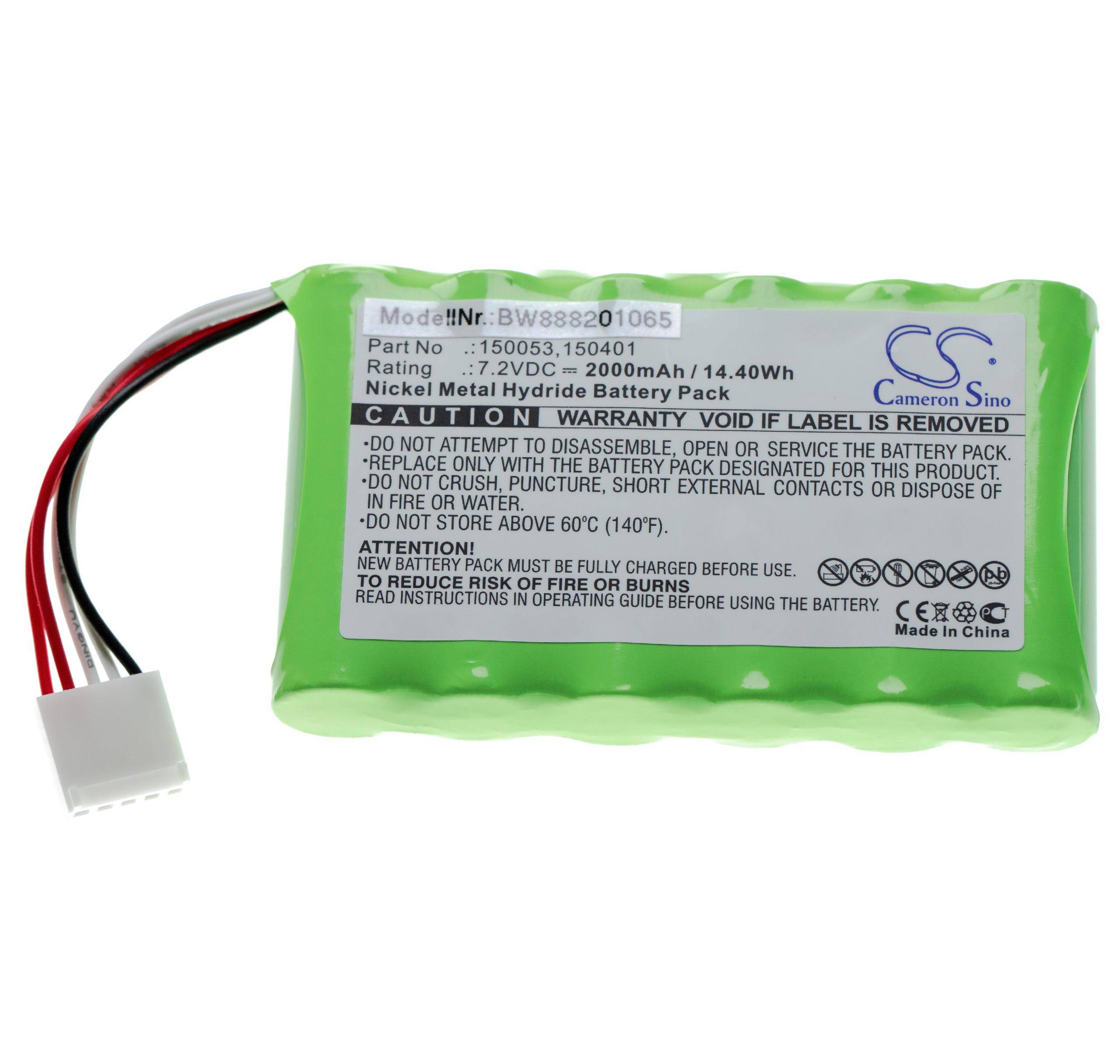 Ein grüner Nickel-Metallhydrid-Akkupack mit weißem Etikett, das Spezifikationen zeigt: 7,2 V Gleichspannung, 2000 mAh, Garantiehinweis und Herstellerinformationen.
