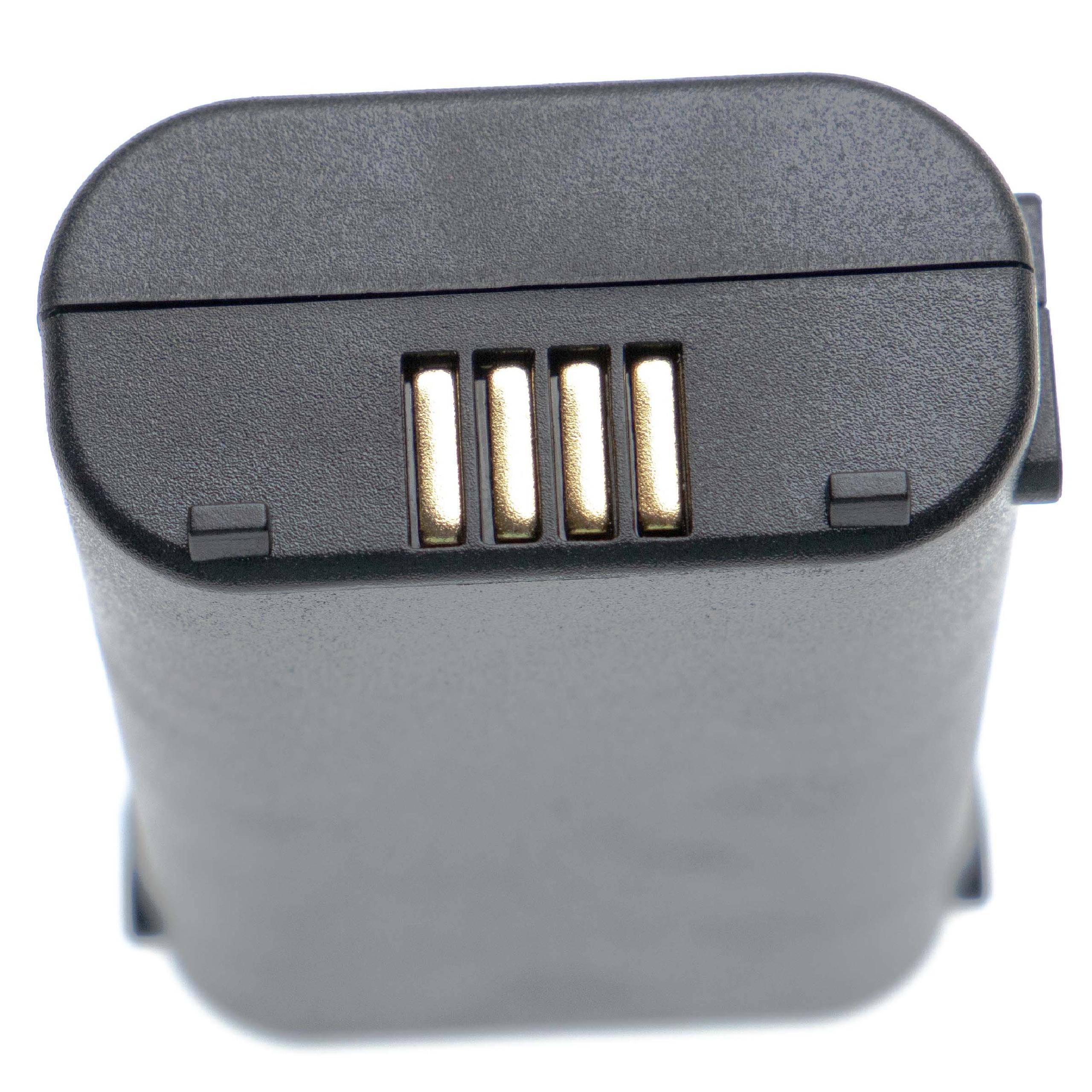 Kamera-Akku mit vier Metallkontakten auf der Oberseite, rechteckige Form und schwarzes Gehäuse. Geeignet für elektronische Geräte.