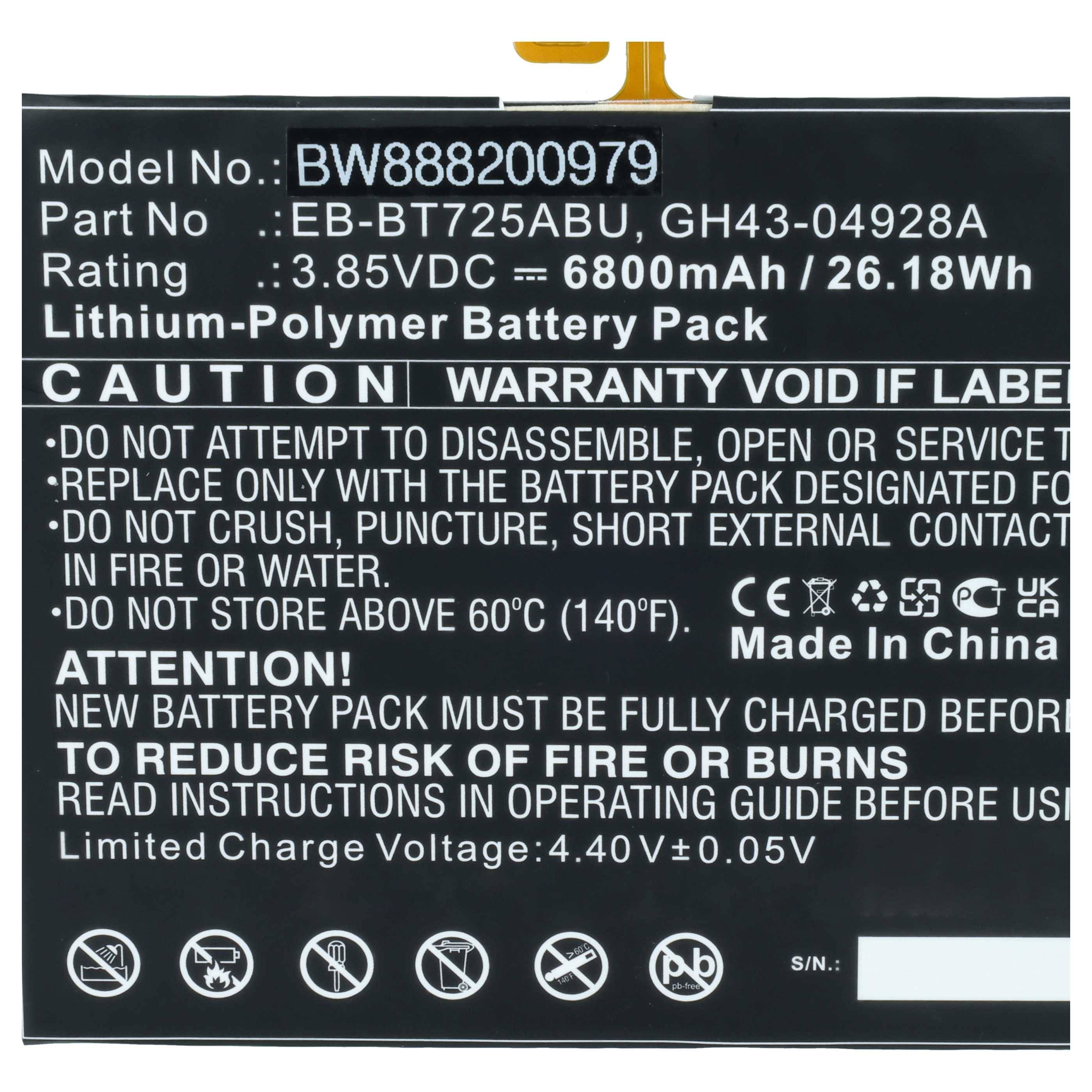vhbw Akku kompatibel mit Samsung SM-T860 | SM-T865, SM-P610, SM-P615C, SM-P615N, SM-T720, SM-T725 Tablet Pad (6800 mAh, 3,85 V, Li-Polymer)