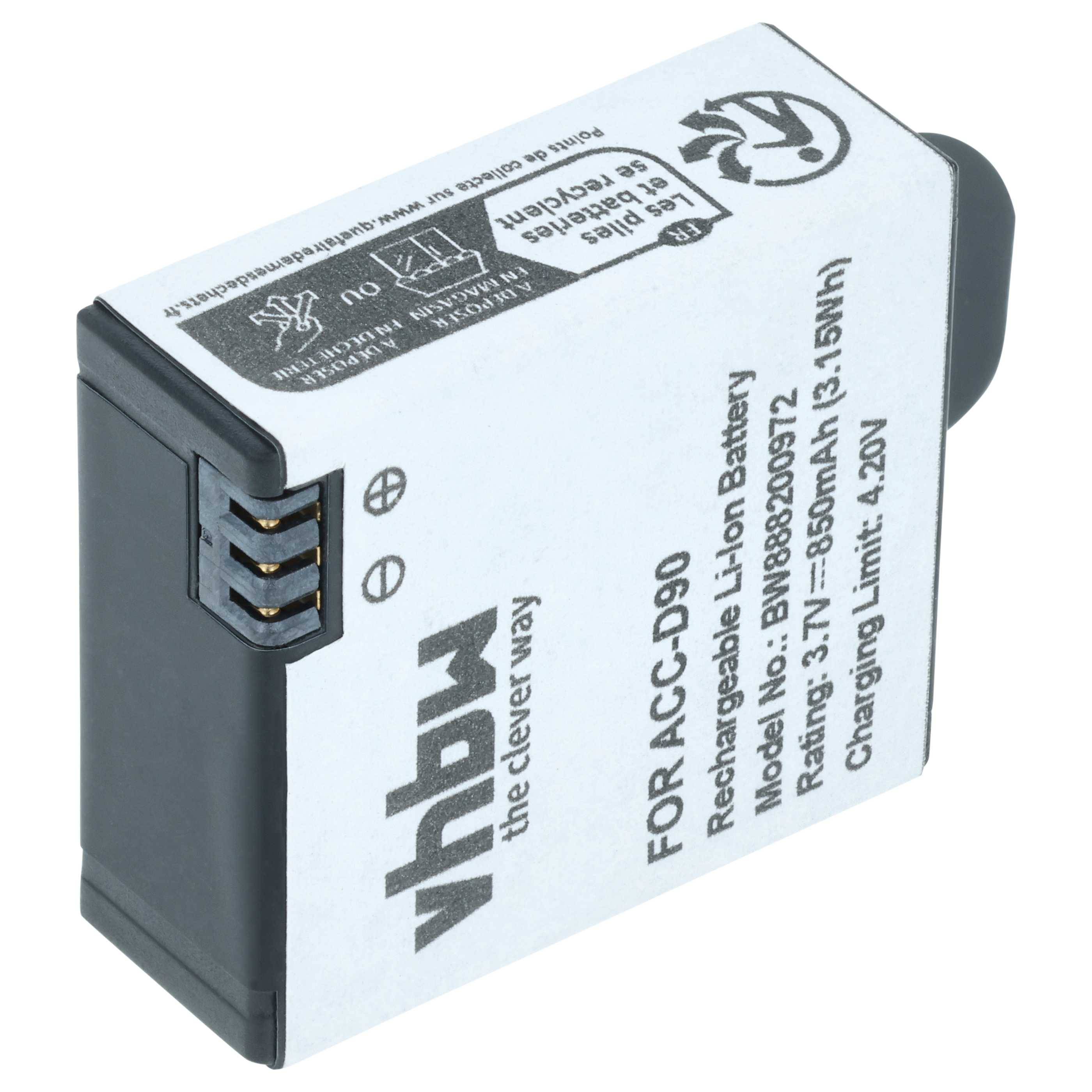 vhbw Akku kompatibel mit AEE D90, S90, S91B, LyfeTitan, LyfeSilver, LyfeS72 Tragbare Mini-Kamera (850 mAh, 3,7 V, Li-Ion)