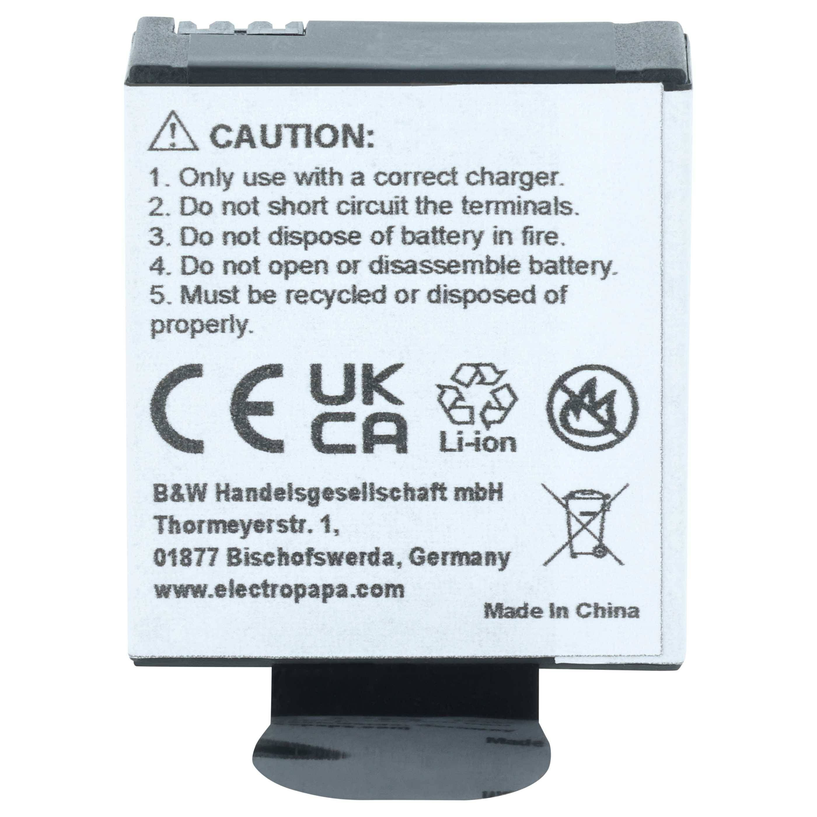 Lithium-Ionen-Batteriepak-Etikett mit Vorsichtshinweisen, Sicherheitssymbolen, B&W Handelsgesellschaft mbH Adresse und „Made in China