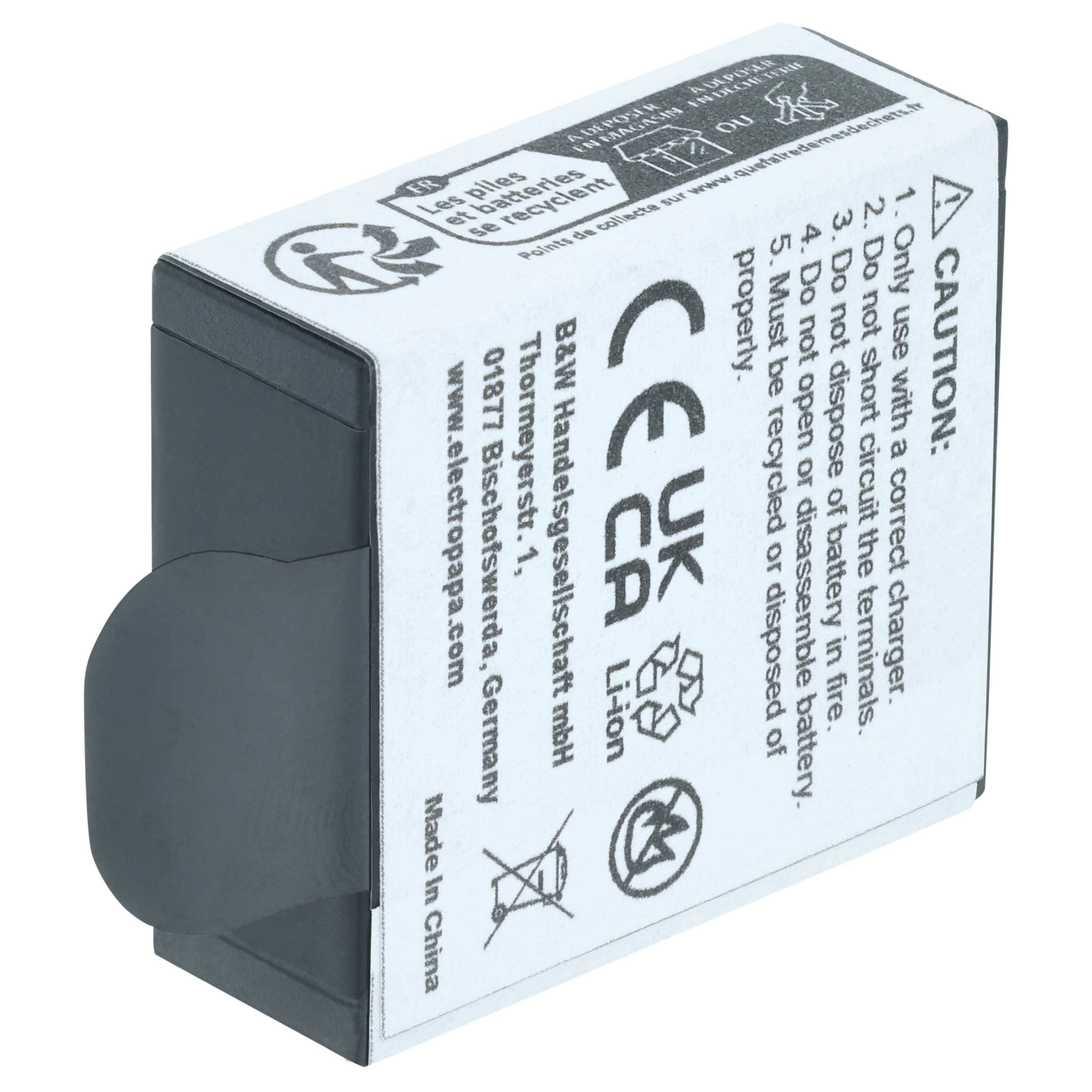 Rechteckiges wiederaufladbares Batteriepaket mit Warnaufklebern, CE- und UKCA-Kennzeichen sowie Text, der auf ordnungsgemäße Entsorgung und Vermeidung von Kurzschlüssen hinweist.