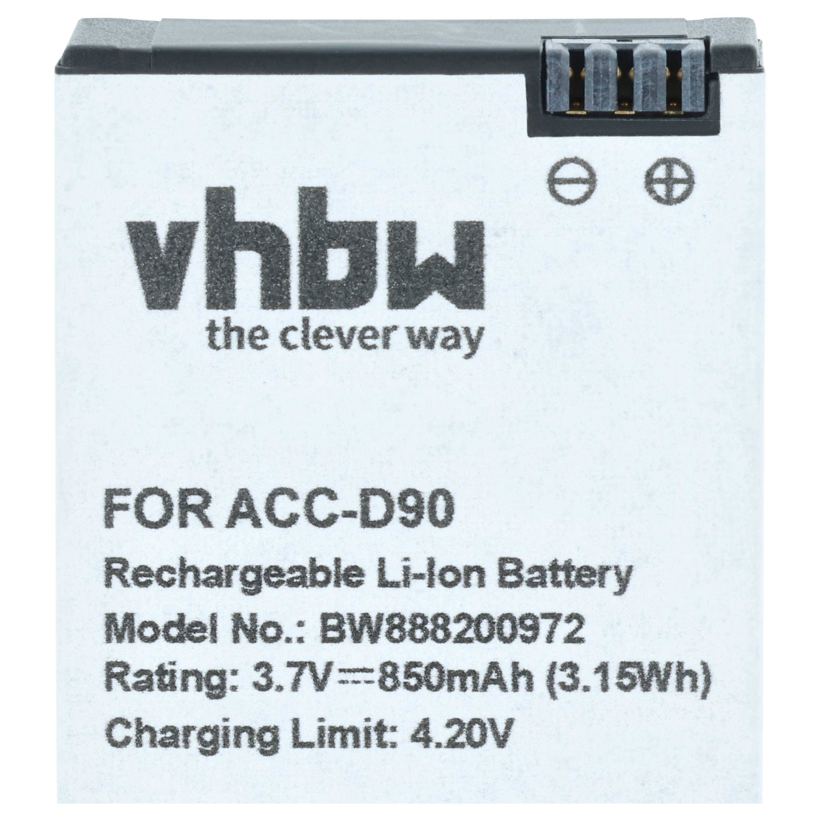 Nahaufnahme einer aufladbaren VBW Li-Ionen-Batterie mit Beschriftung für ACC-D90, Modell BW888200972, 3,7V 850mAh, Ladelimit 4,20V.